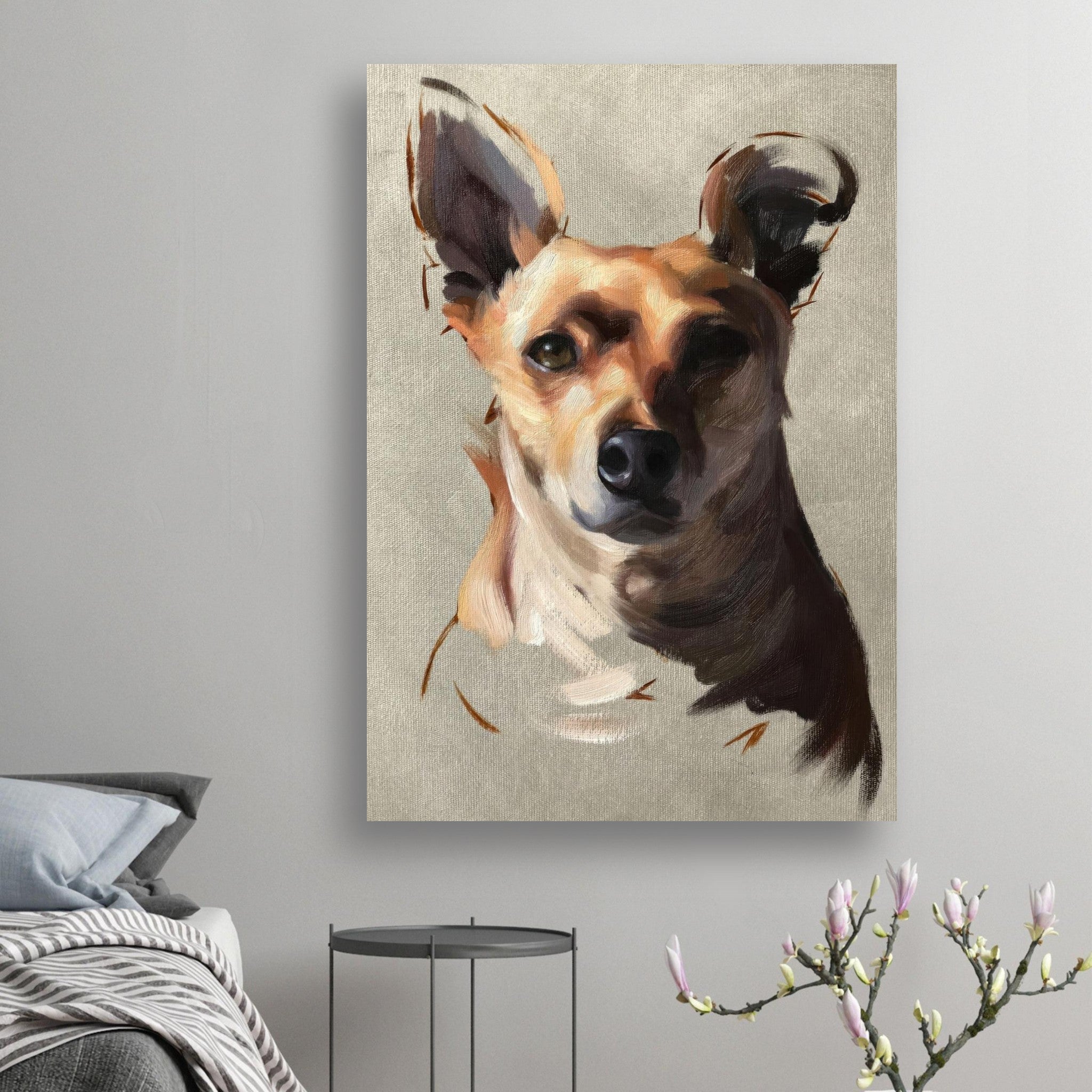 Chihuahua dog painting poster showcasing a detailed portrait with expressive eyes and warm colors, perfect for dog lovers.