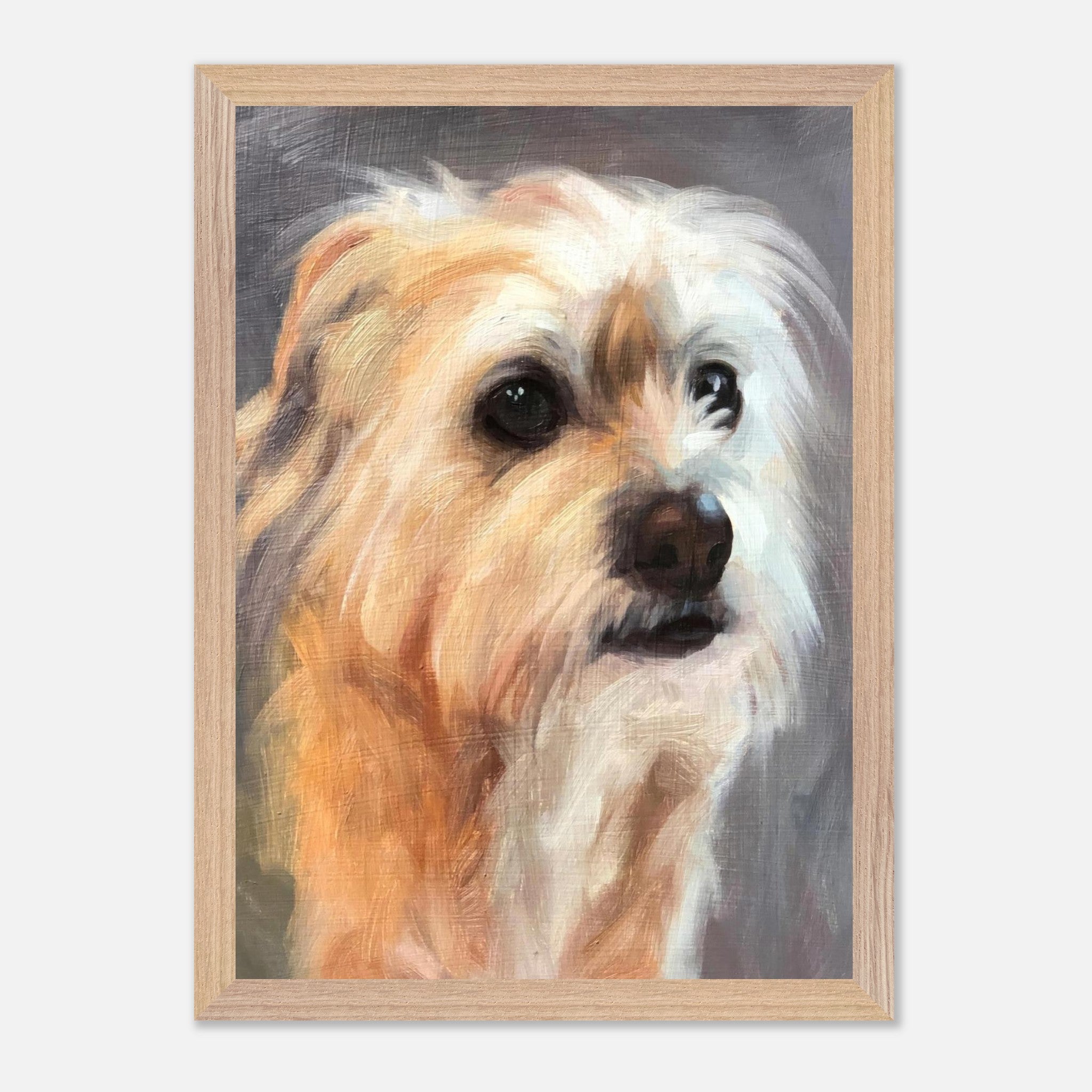 Terrier dog painting in a vintage frame, featuring detailed portrait and warm color palette.