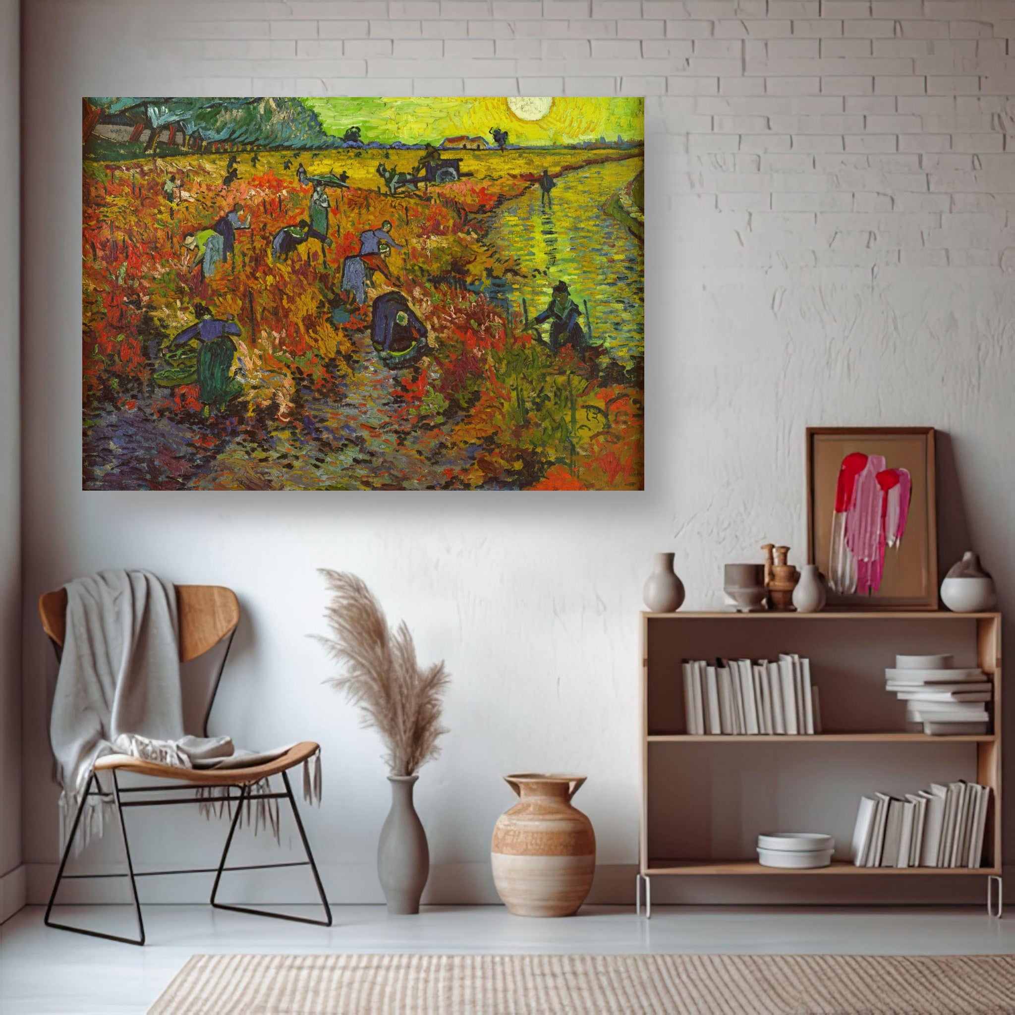 The Red Vineyard by Van Gogh displayed as a metal print in a modern interior setting.