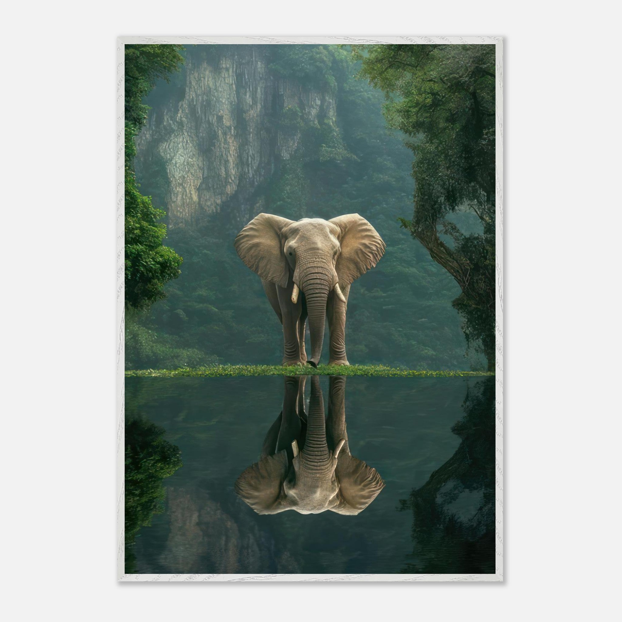 Jungle Elephant Portrait reflecting in tranquil water, surrounded by lush greenery, showcasing fine art beauty.
