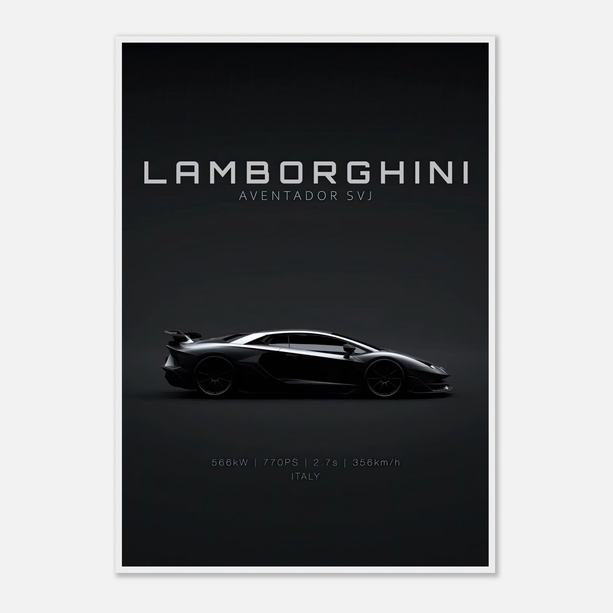 Lamborghini Aventador SVJ framed poster showcasing sleek design and performance details.