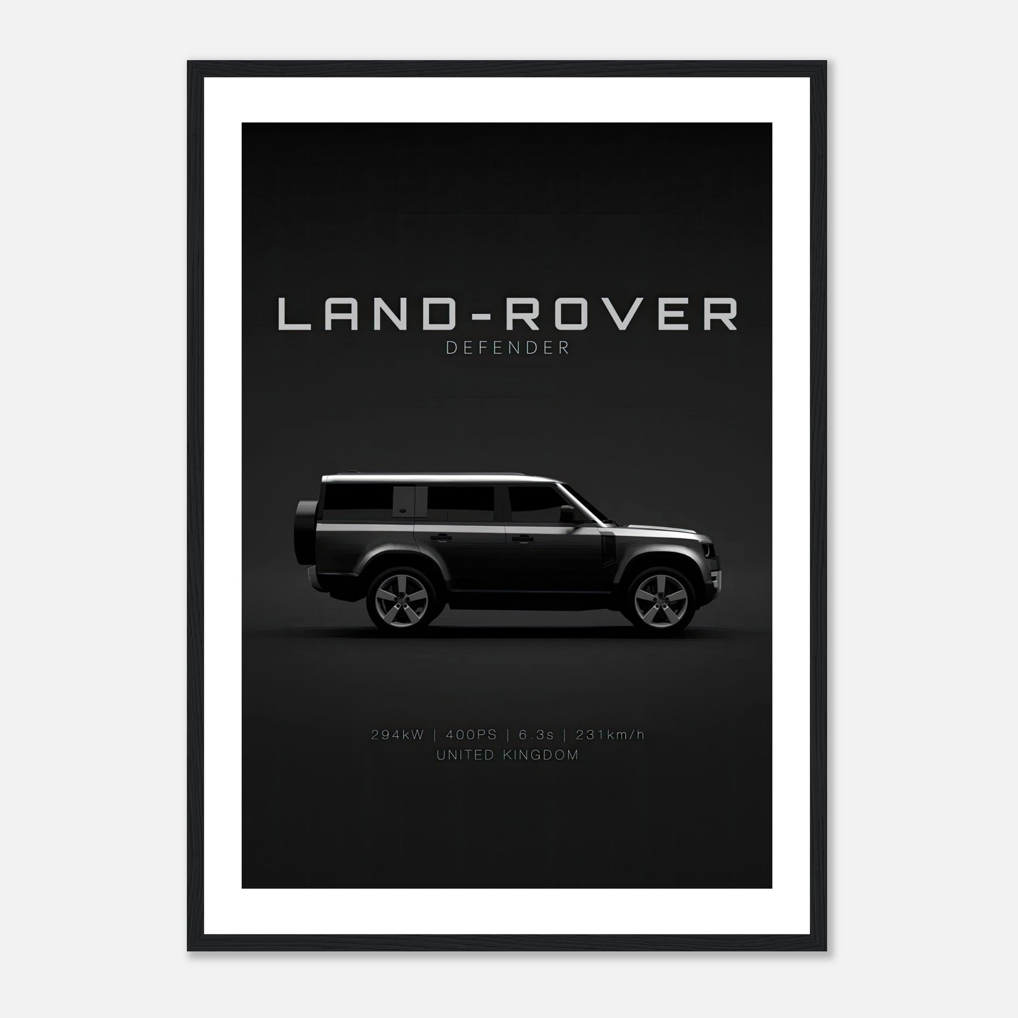 Framed print of Land Rover Defender showcasing its sleek side profile and modern design, ideal for vehicle lovers.