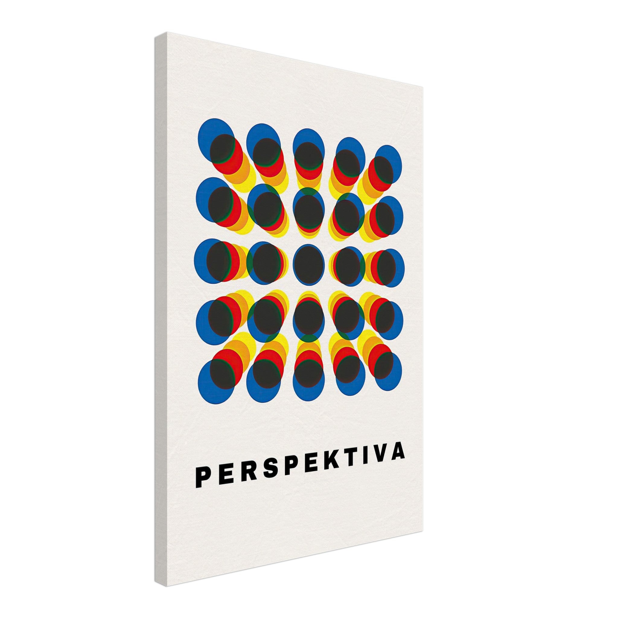 Perspective Abstract Art Canvas Print with geometric pattern and vibrant blue, red, and yellow colors, featuring 'PERSPEKTIVA' text.