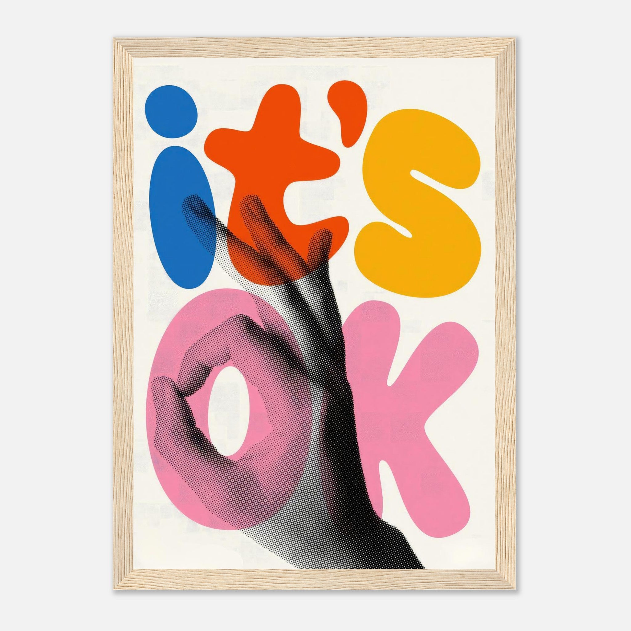 Retro abstract pop art framed print featuring a hand gesture and colorful typography saying 'It's OK'.