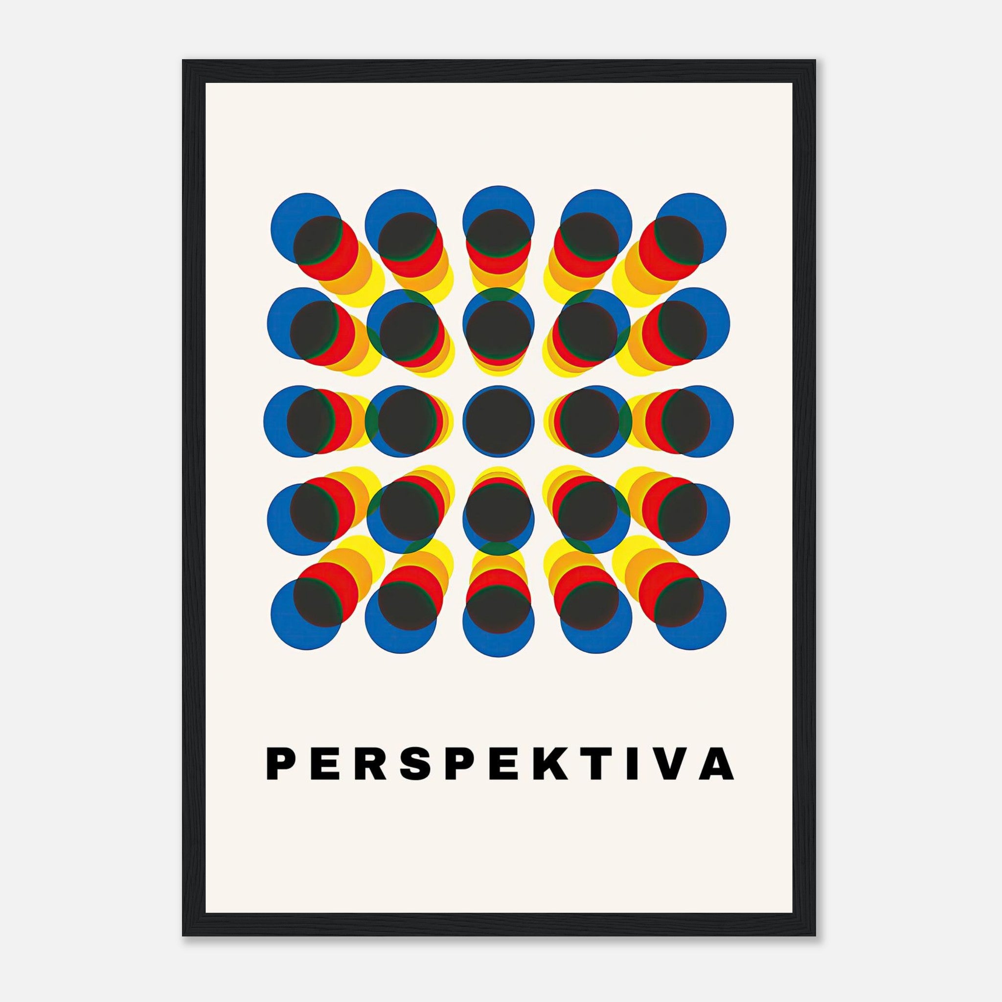 Perspective abstract art framed print with bold geometric pattern in blue, red, and yellow colors.