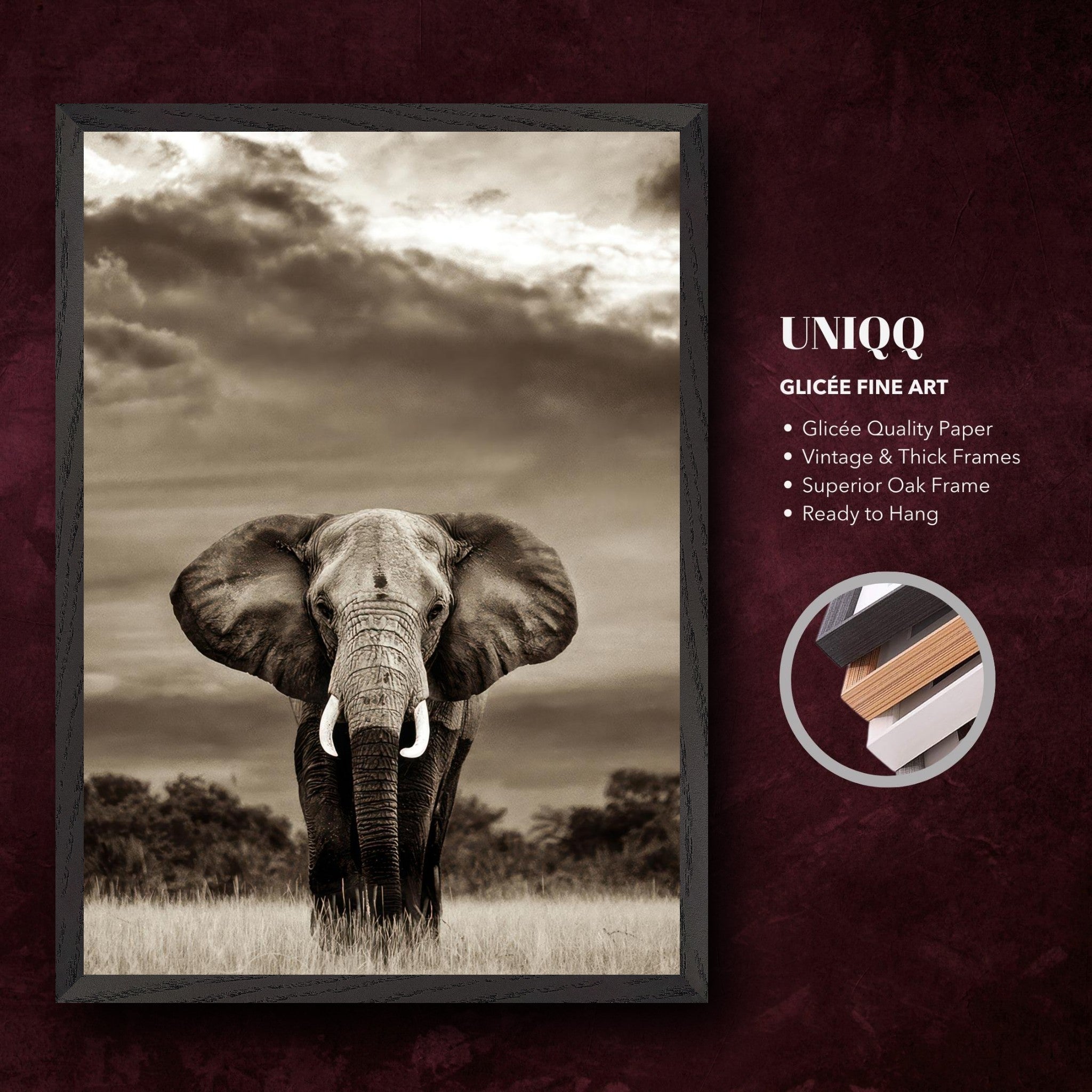 Black-and-white elephant portrait photography print in a vintage oak frame, showcasing majesty and fine art quality.