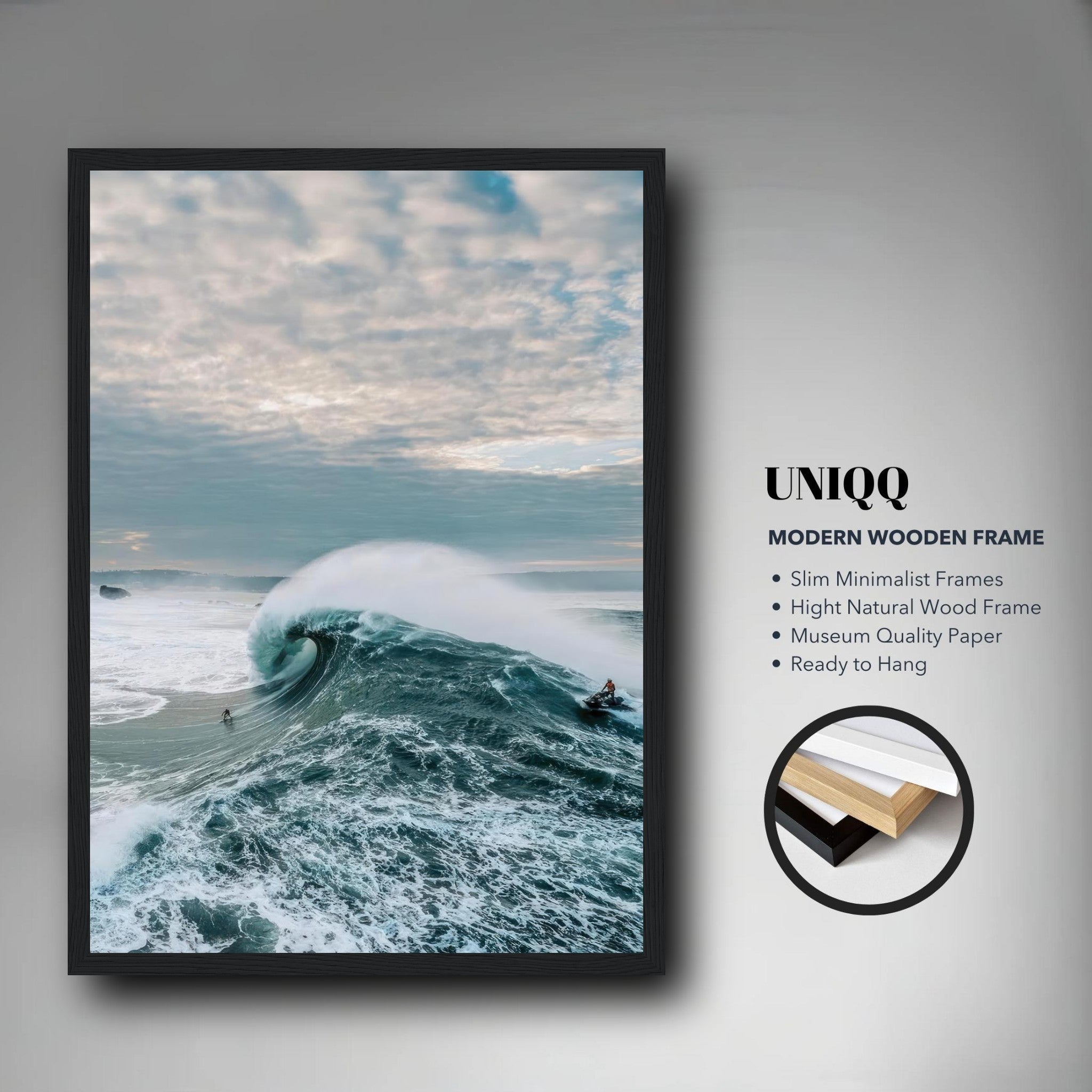 Big Wave Surfing Framed Print featuring a surfer riding a massive wave, showcasing ocean power and extreme sports thrill.