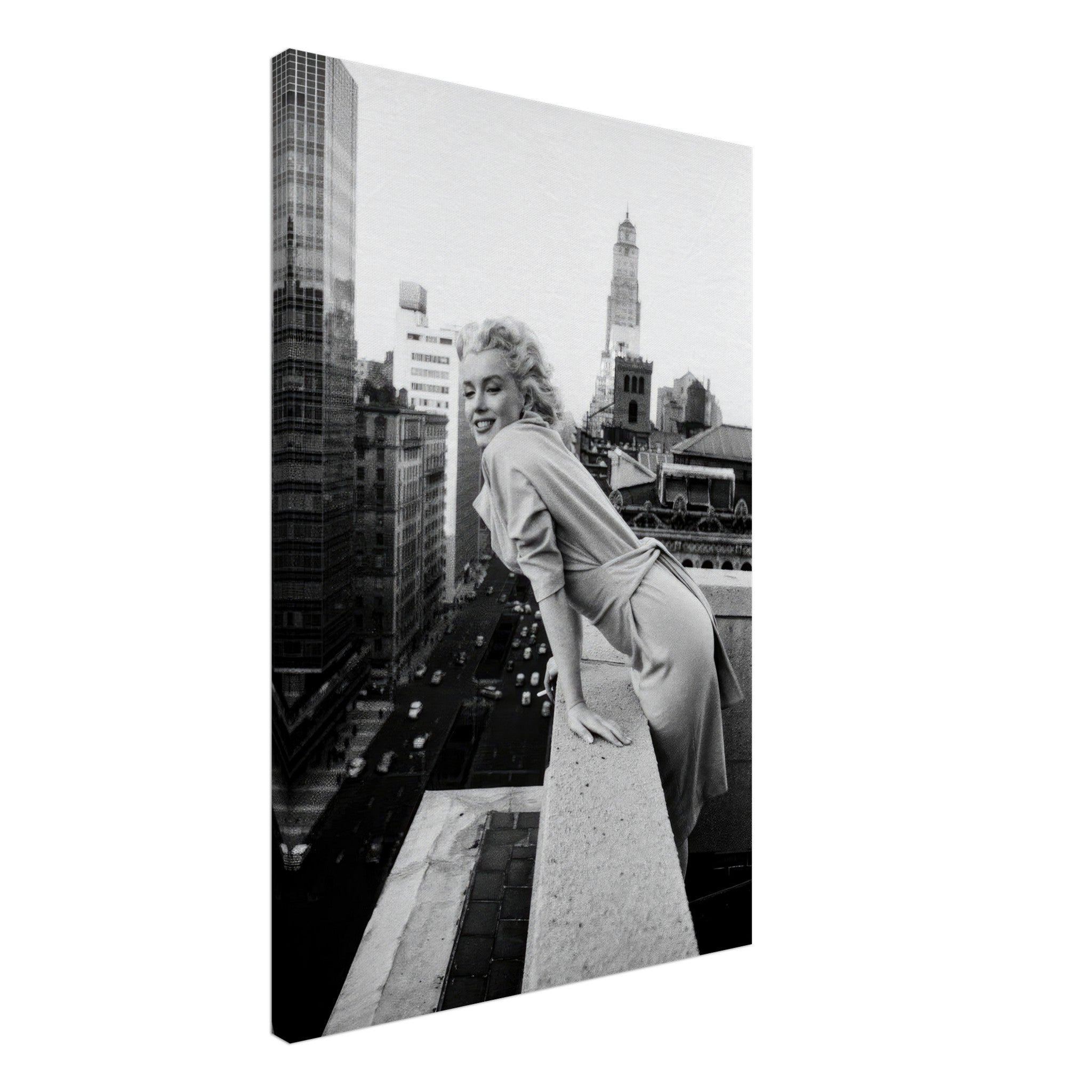 Marilyn Monroe leaning over a rooftop in New York, iconic black-and-white canvas art, vintage Hollywood elegance.