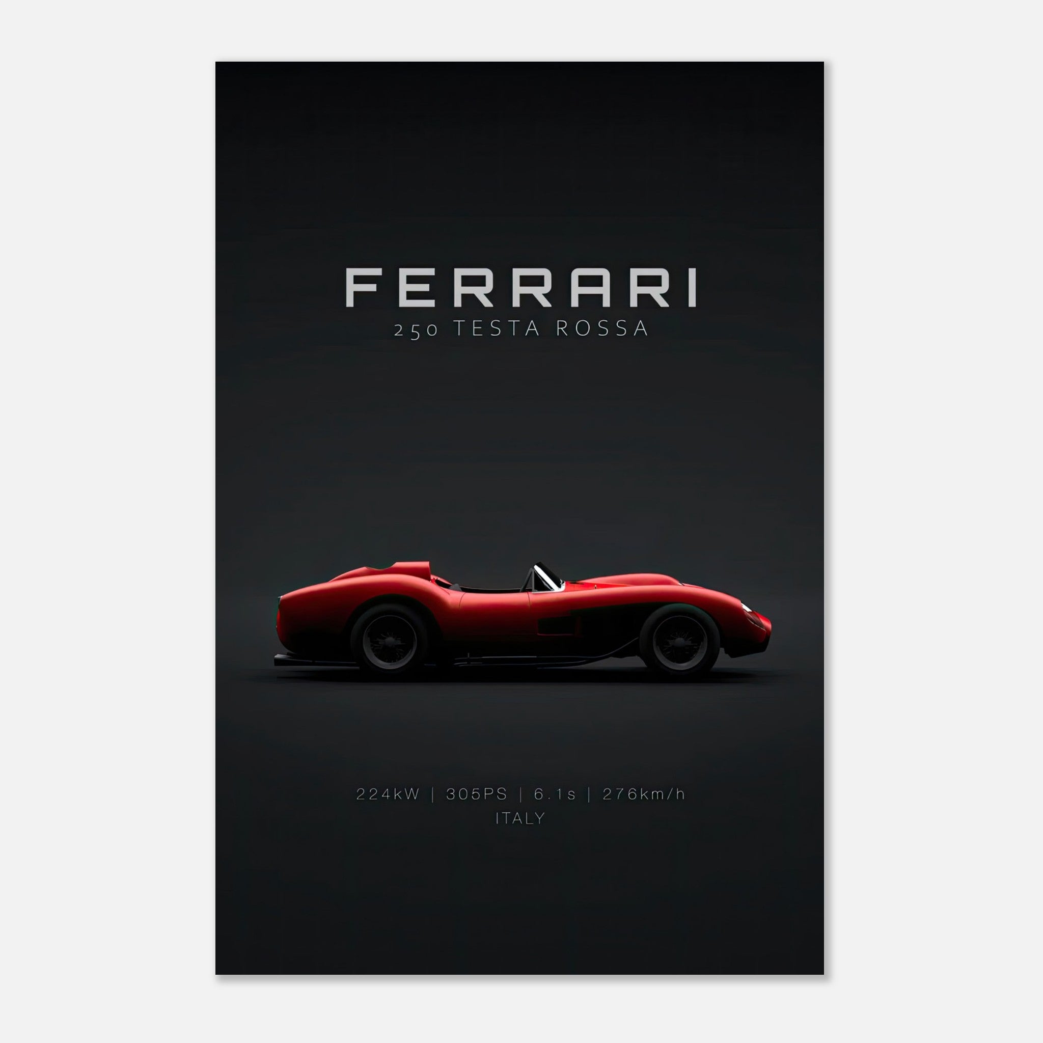 Ferrari 250 Testa Rossa metal print showcasing iconic red sports car against a sleek black background.