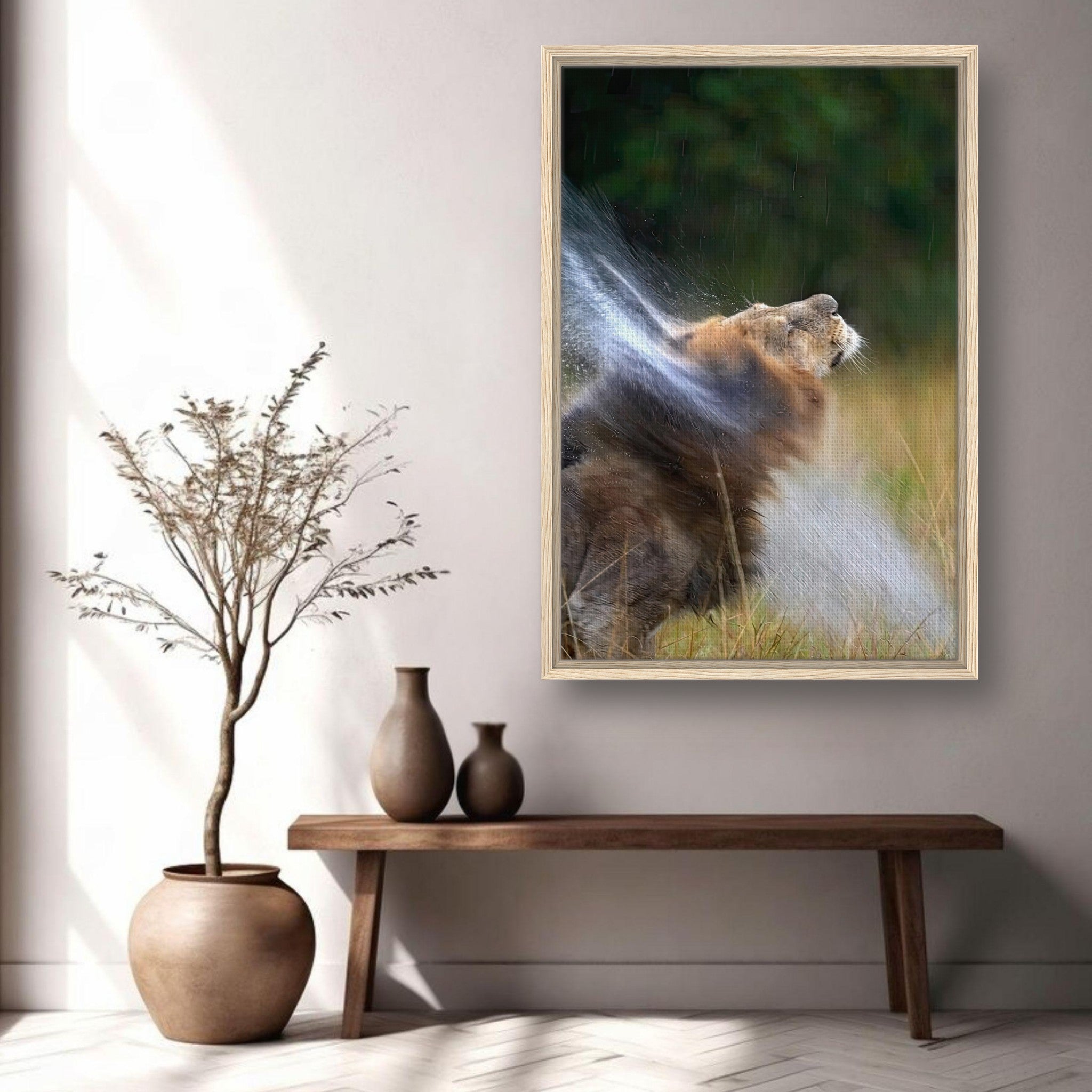 Lion shaking off water print framed in a modern living room, showcasing wild beauty and dynamic motion.