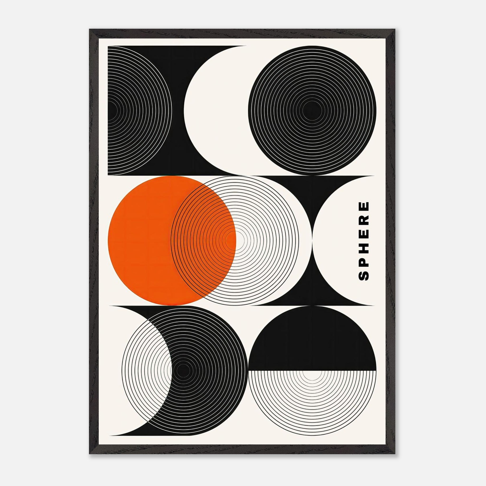 Abstract geometric sphere art print featuring concentric circles in black, white, and vibrant orange, framed in vintage style.