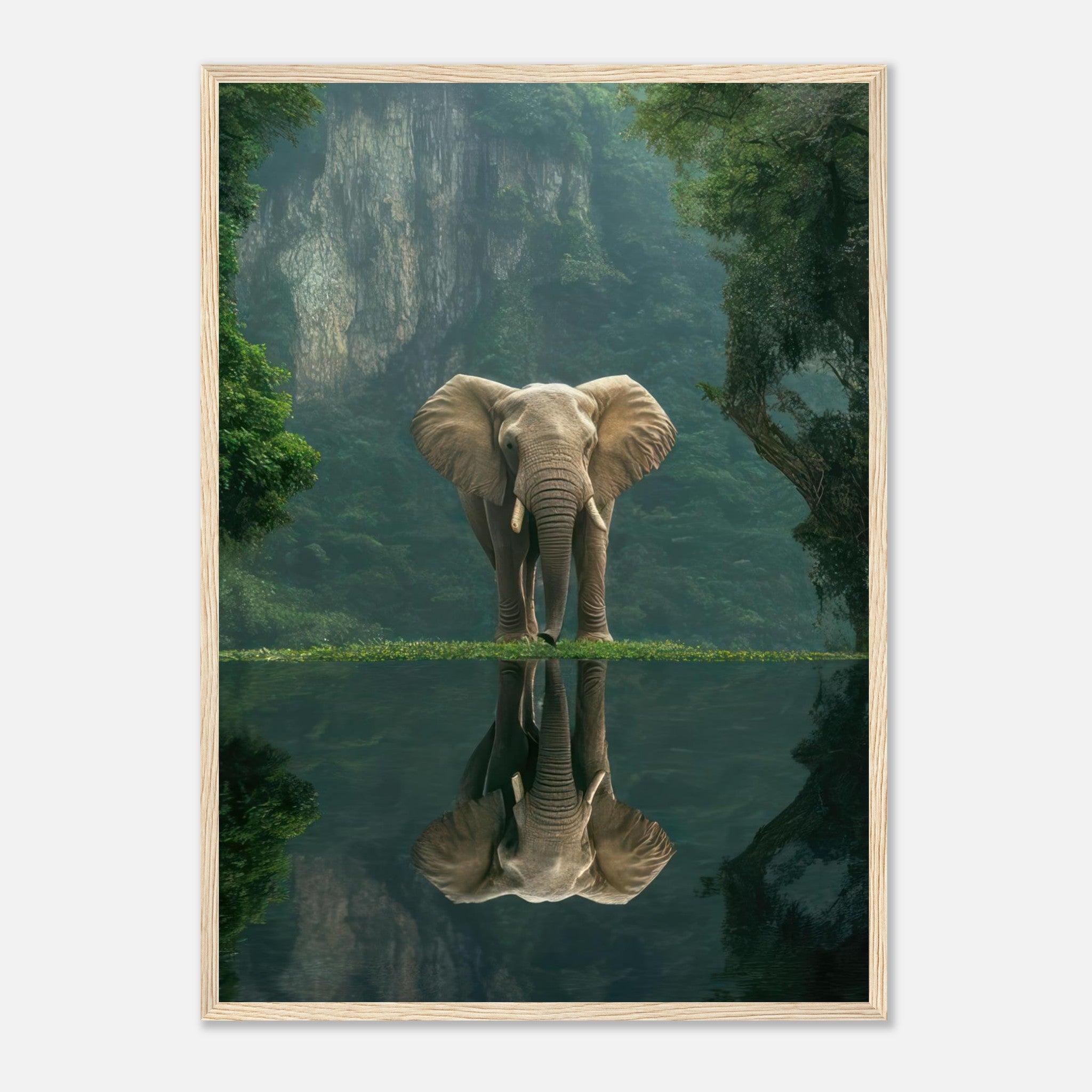Jungle Elephant Portrait Framed Print showcasing an elephant reflected in serene water surrounded by lush greenery.