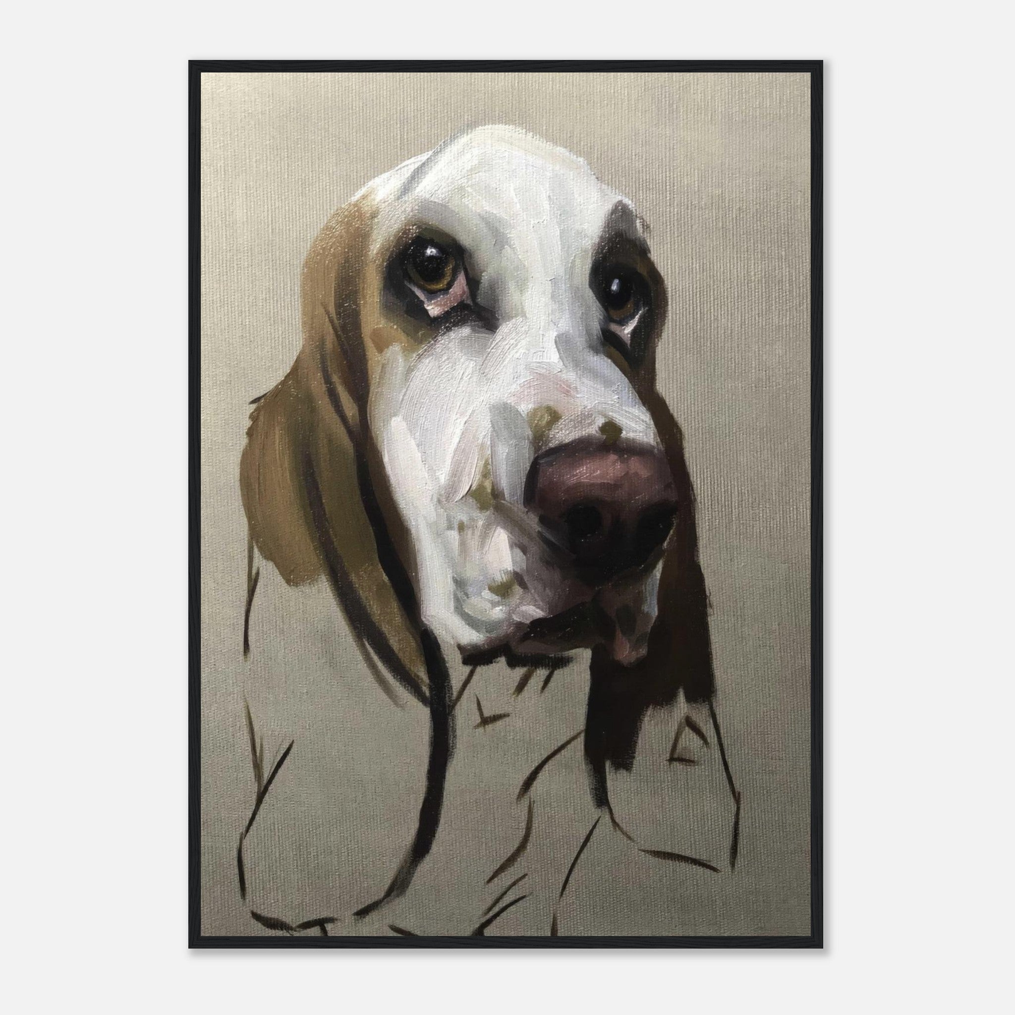 Basset Hound dog painting framed print showcasing expressive brushstrokes and soulful eyes.