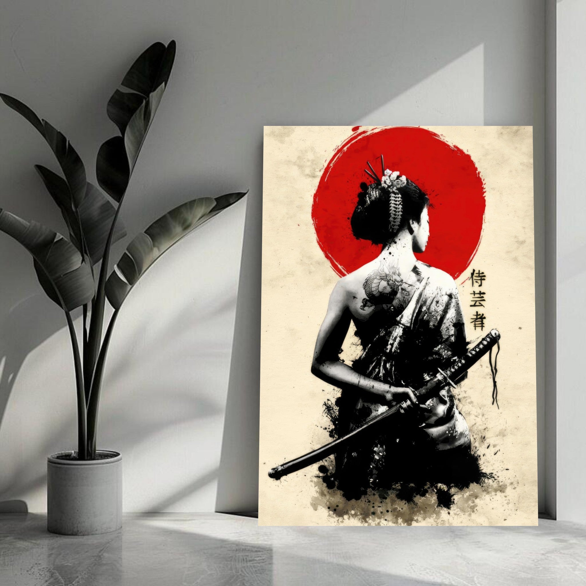 The Samurai Geisha Metal Print featuring a geisha with a katana against a vibrant red sun backdrop.