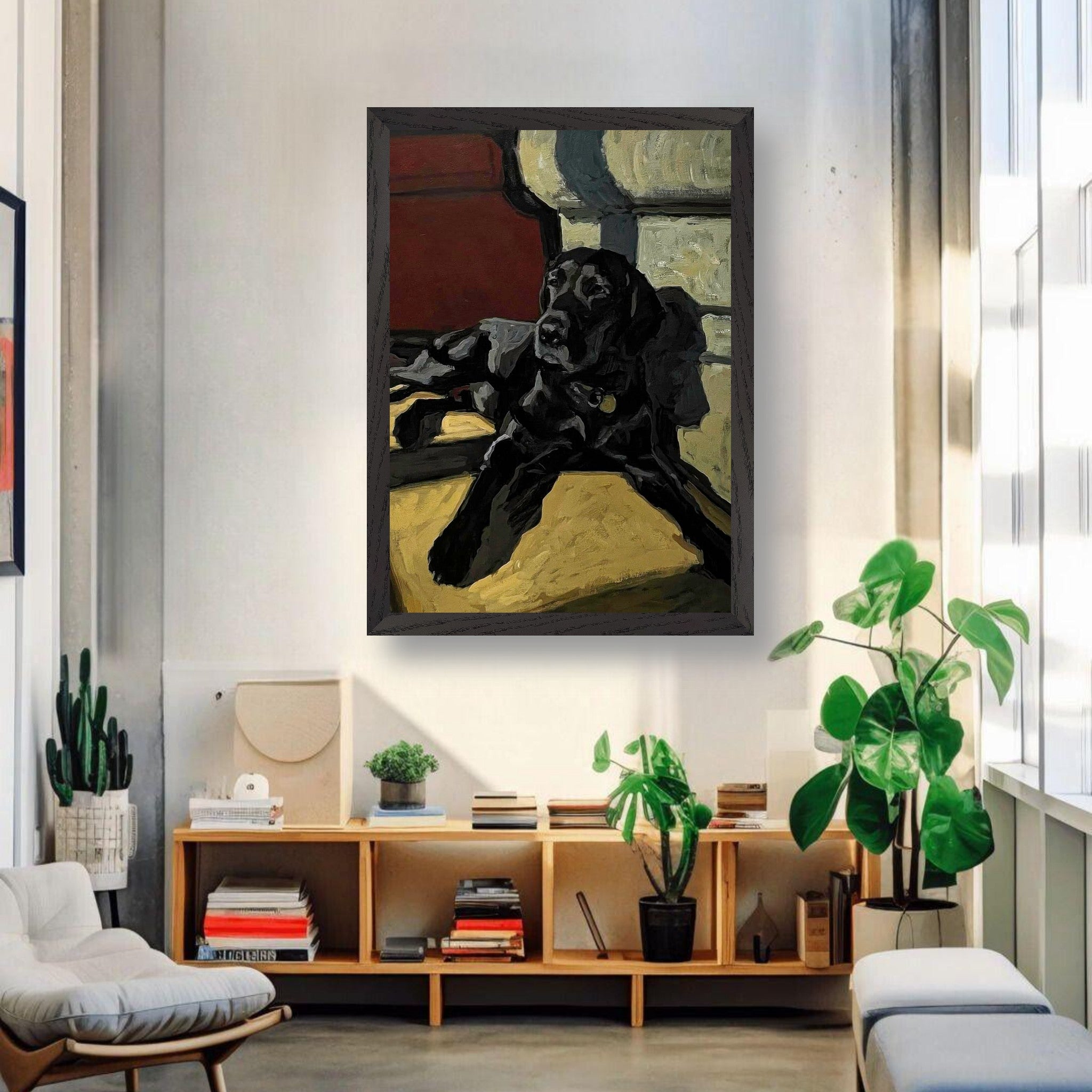 Black Labrador dog painting in vintage frame, showcasing warm colors in a cozy living room setting.