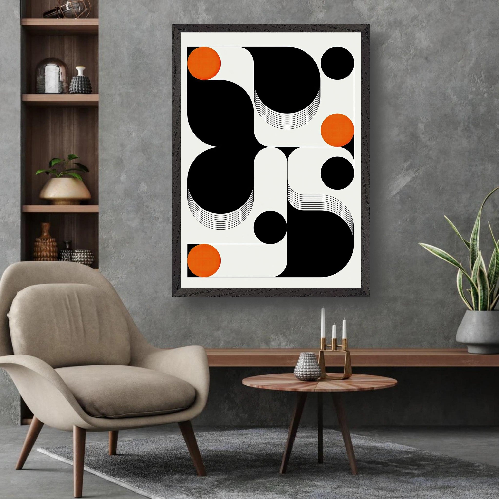 Modern geometric abstract art print featuring bold shapes and colors, elegantly displayed in a stylish living space.
