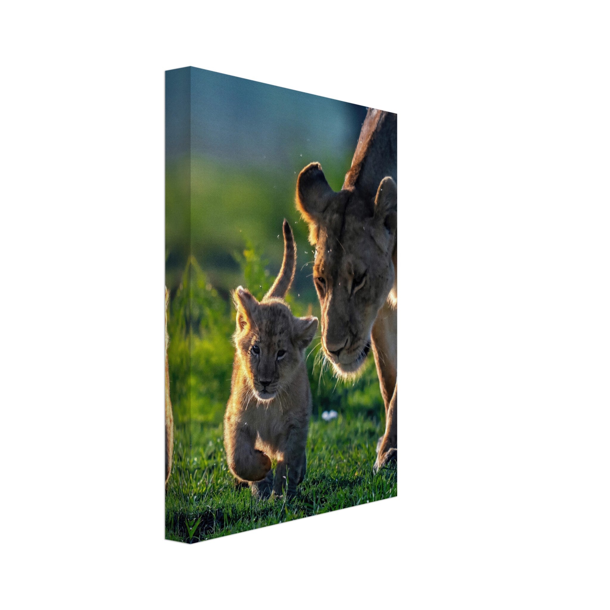 Protective lion mother and cub playing together in a vibrant green setting on canvas.