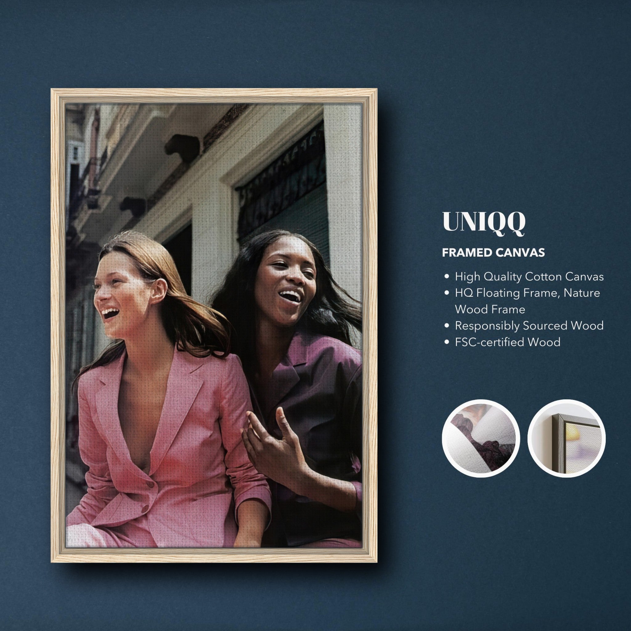 Naomi Campbell x Kate Moss framed canvas print showcasing legendary supermodels in a stylish moment.