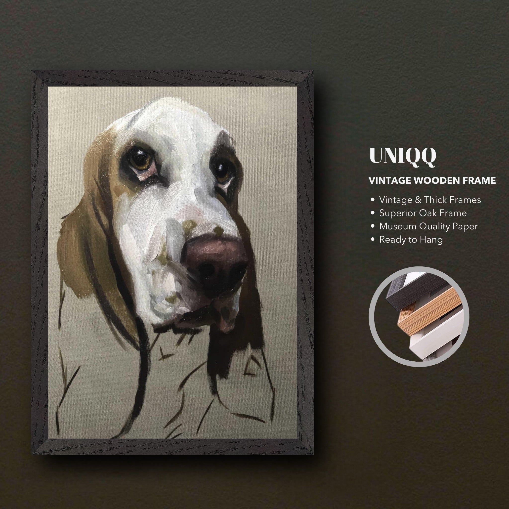 Basset Hound dog painting in a vintage oak frame, showcasing expressive art on museum quality paper, ready to hang.