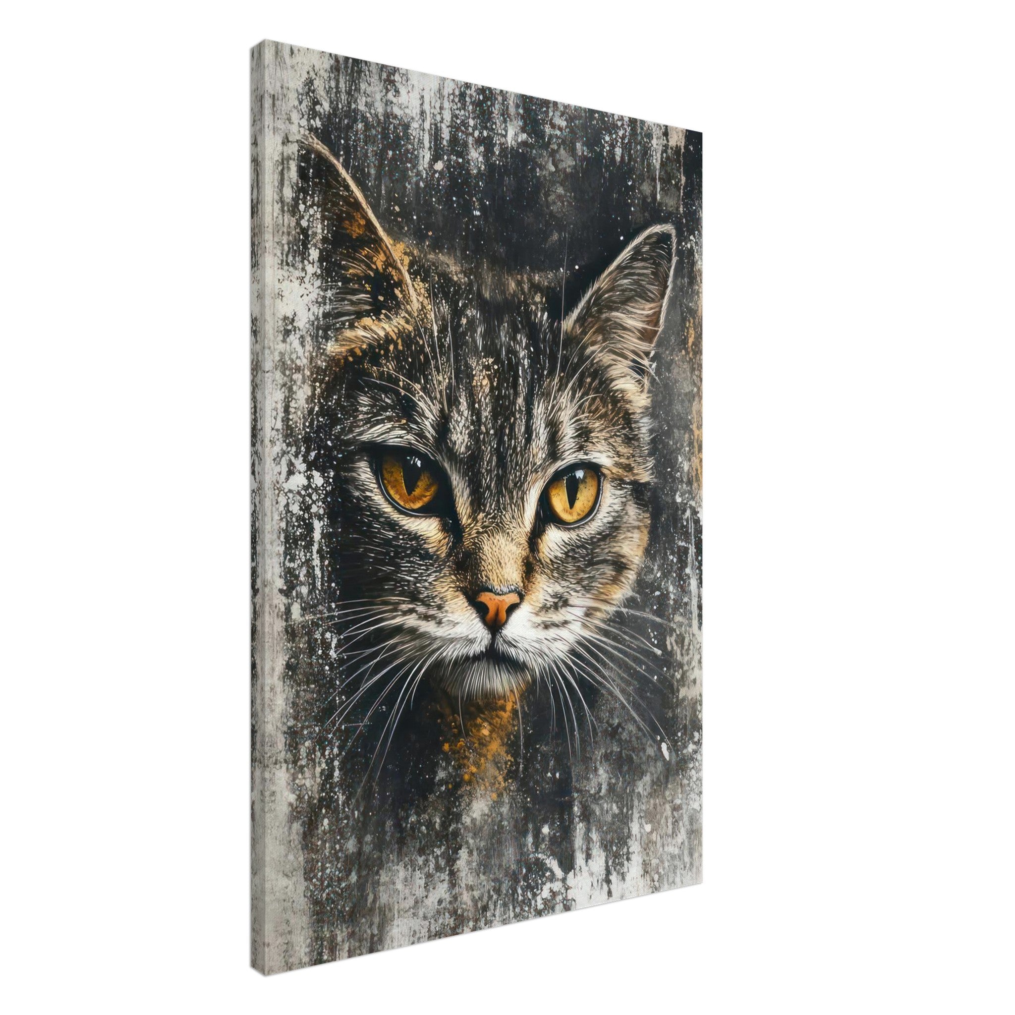 Cat painting artwork canvas print featuring close-up of cat with golden eyes against textured background.