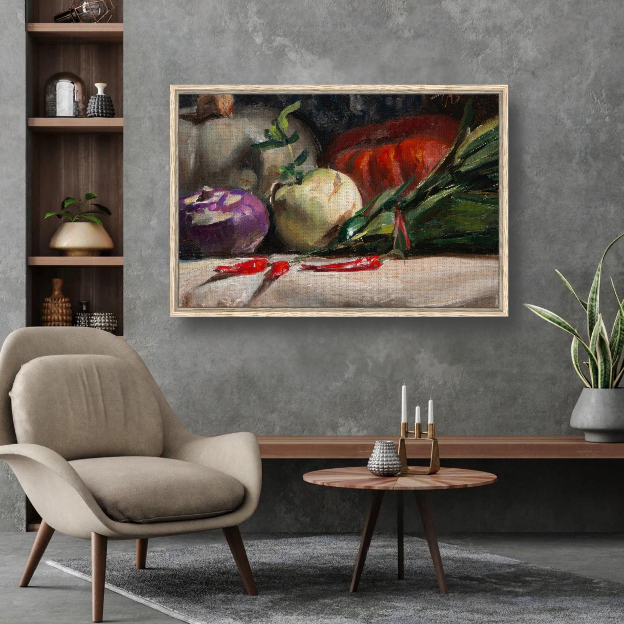 Framed canvas print of colorful vegetables including kohlrabi, pumpkins, and chilis in a modern kitchen setting.