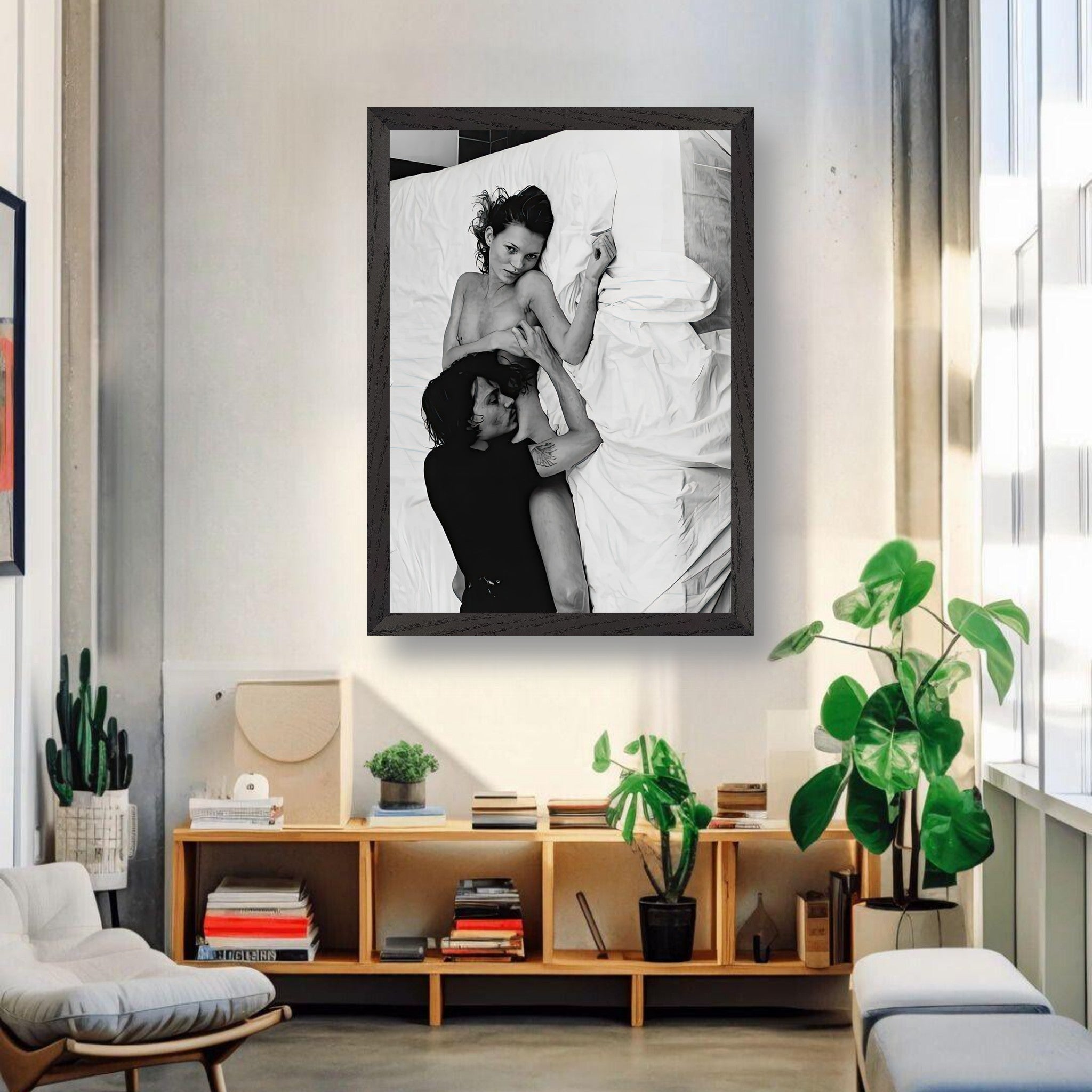 Vintage framed print of Kate Moss and Johnny Depp in black-and-white, capturing iconic 90s romance.