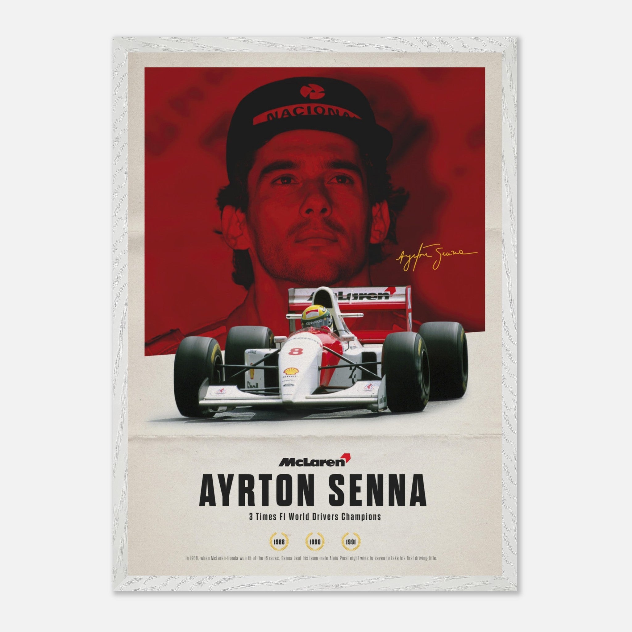 Ayrton Senna vintage framed art featuring his McLaren car and signature, celebrating his F1 legacy.
