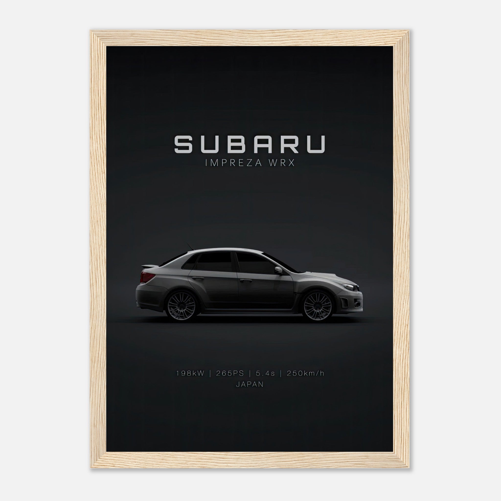 Subaru WRX framed poster showcasing sleek design and impressive specs, perfect for car enthusiasts.