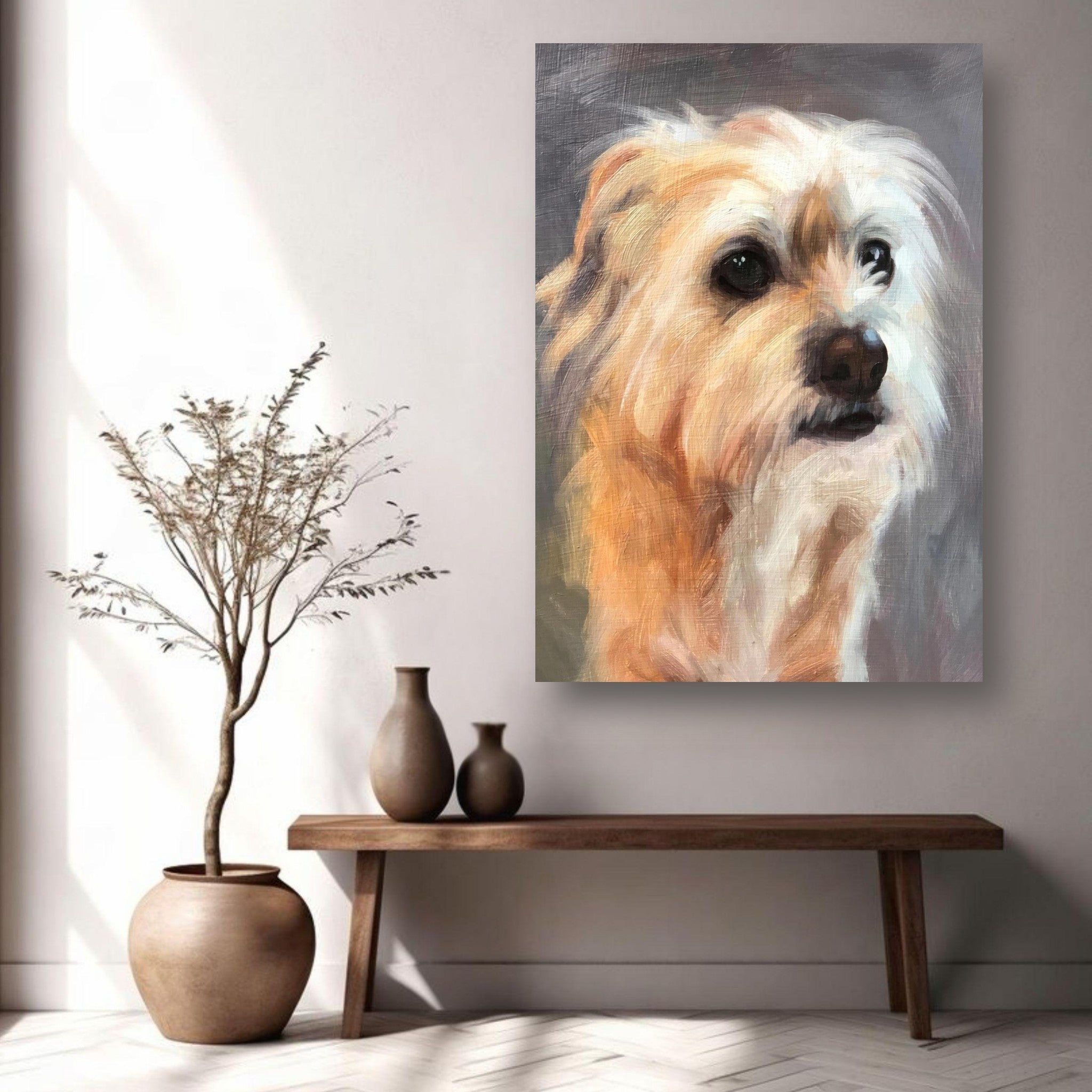Terrier dog painting metal print showcasing expressive eyes and soft fur, enhancing home decor with vibrant colors.