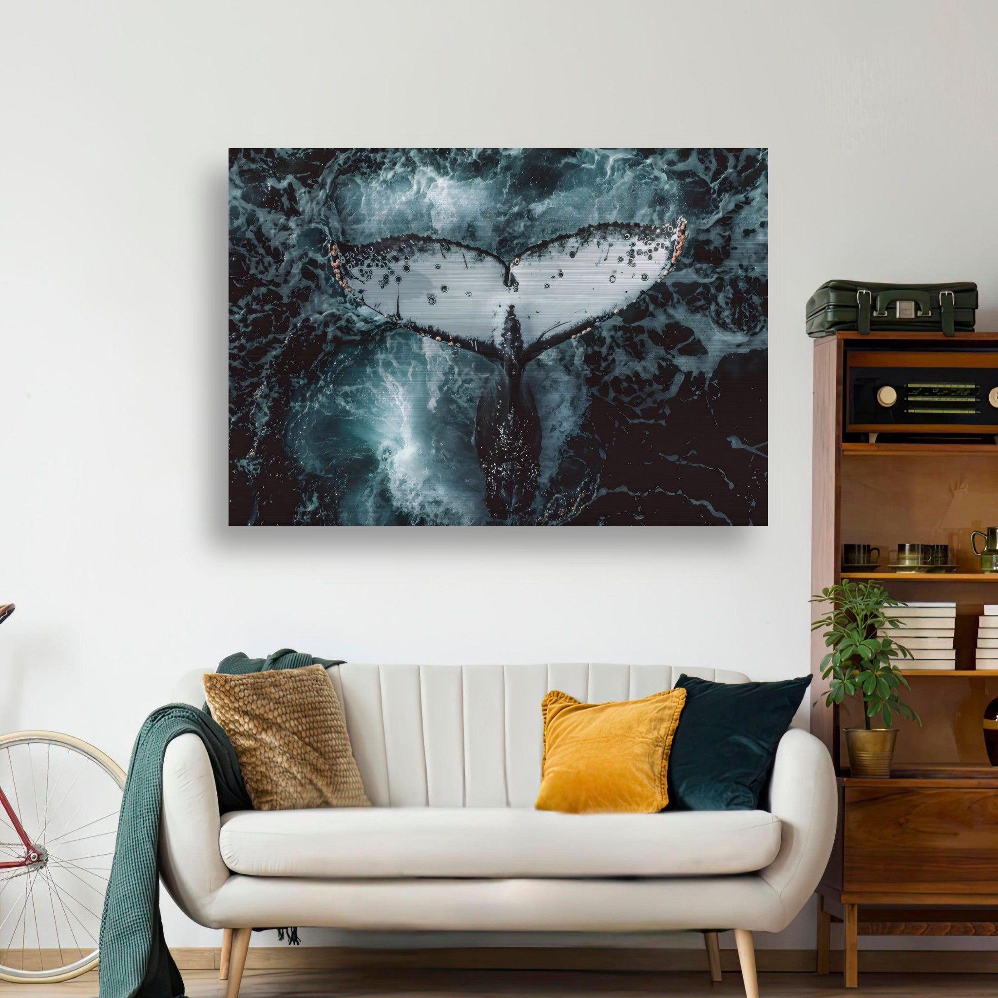 Humpback whale tail in brushed metal art print above a modern living room sofa, showcasing marine beauty and elegance.