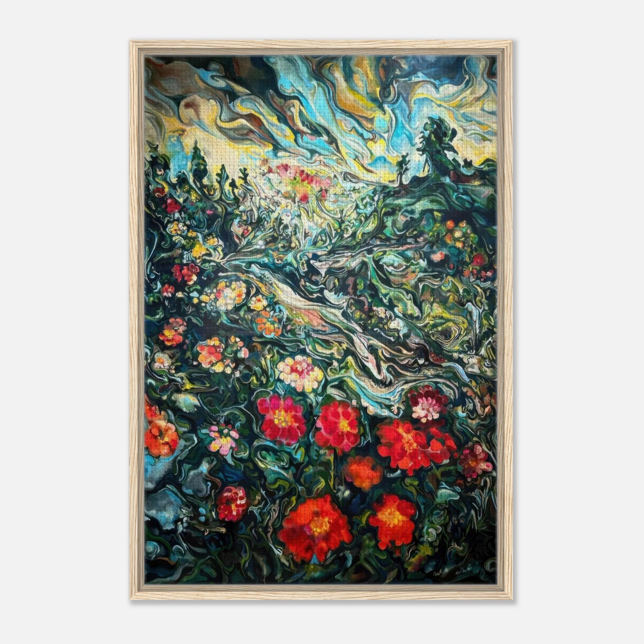 Abstract floral landscape painting framed canvas print with vibrant colors and dynamic brushstrokes.