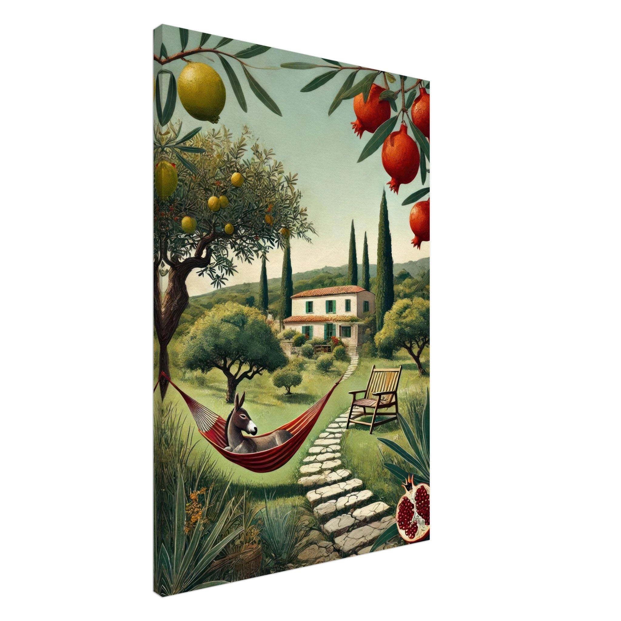 Mediterranean rural landscape canvas print with a hammock, villa, and lush greenery.