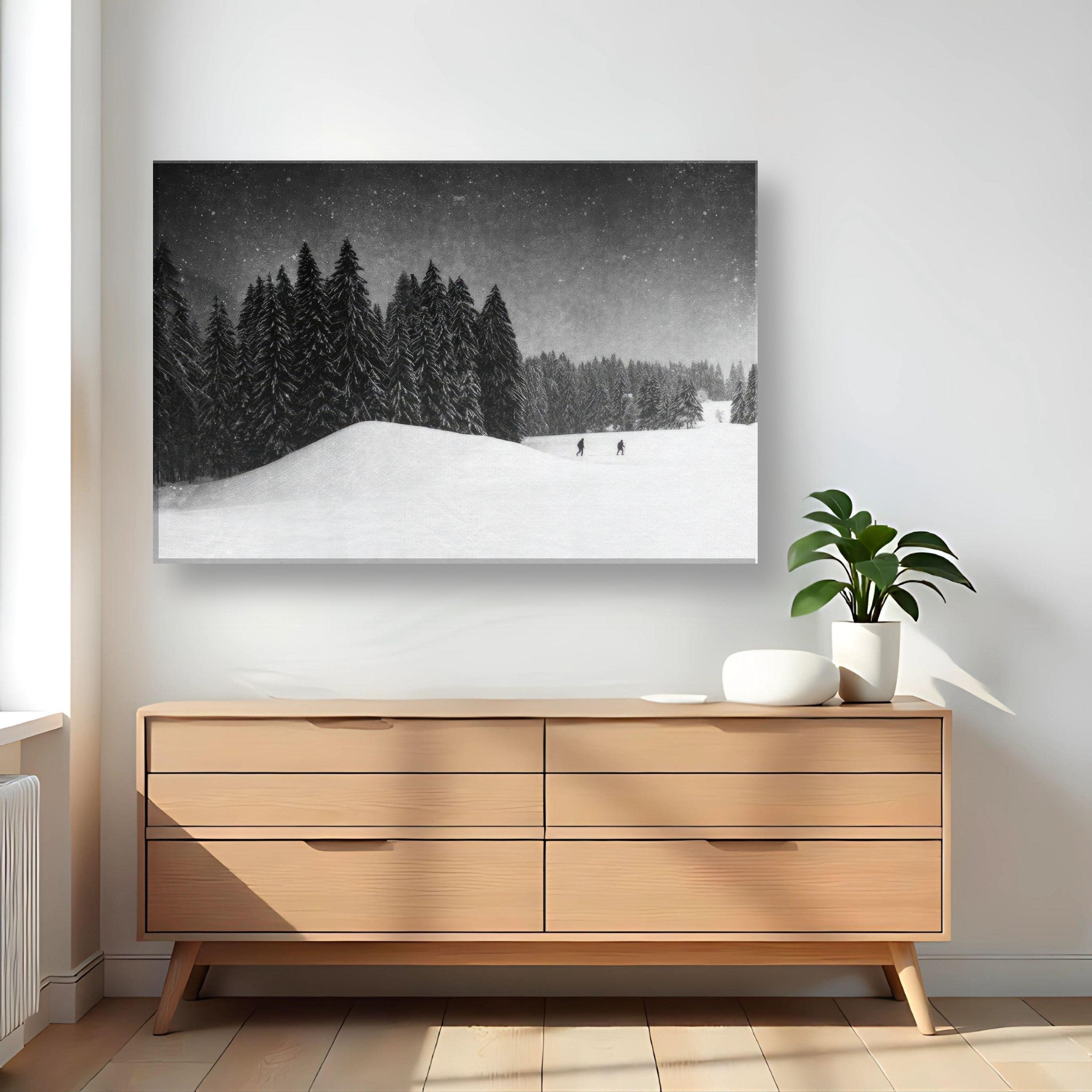 Winter Crossing canvas artwork featuring snow-covered forest and distant figures in a serene winter landscape.