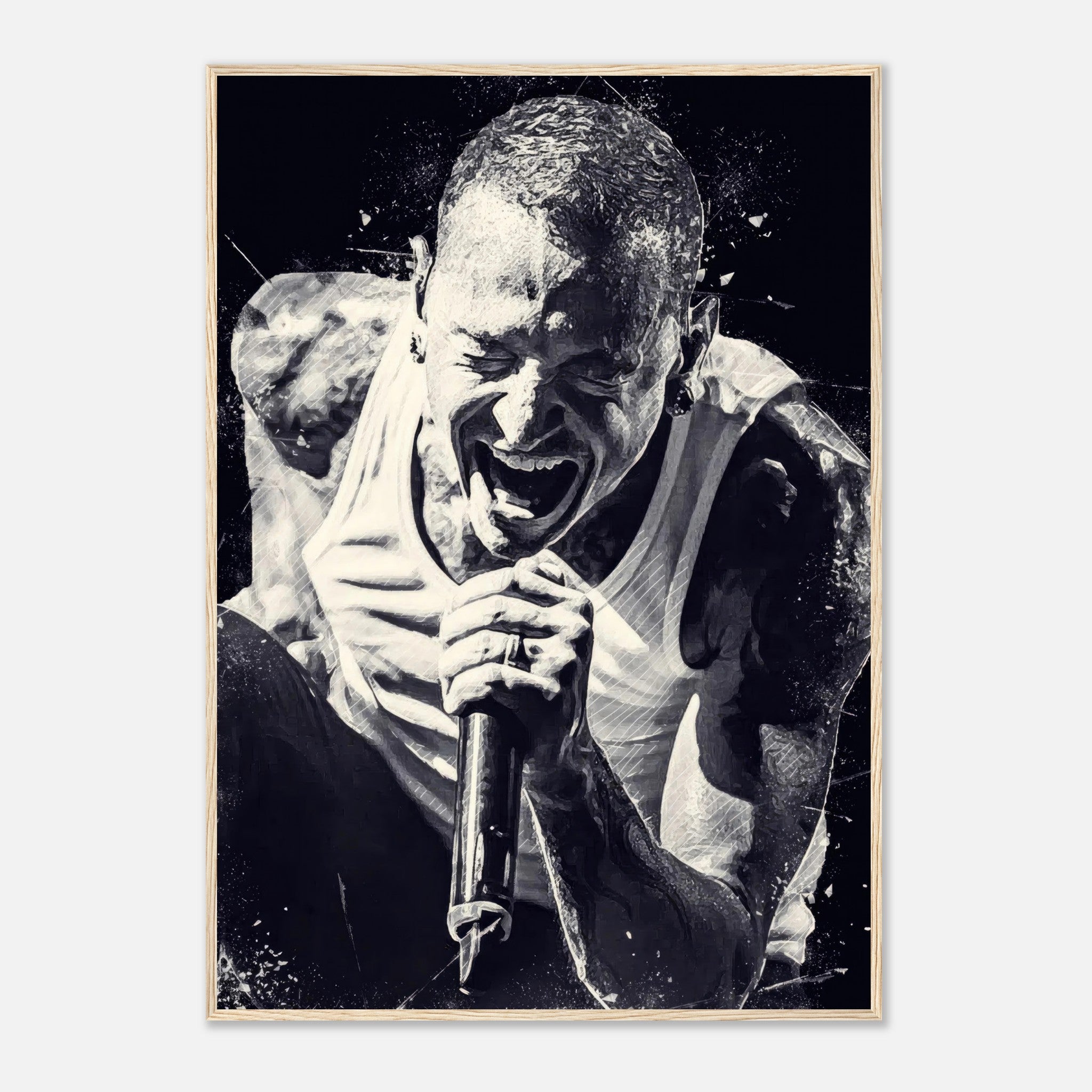Chester Bennington framed print poster featuring a powerful black-and-white image of the singer in action.