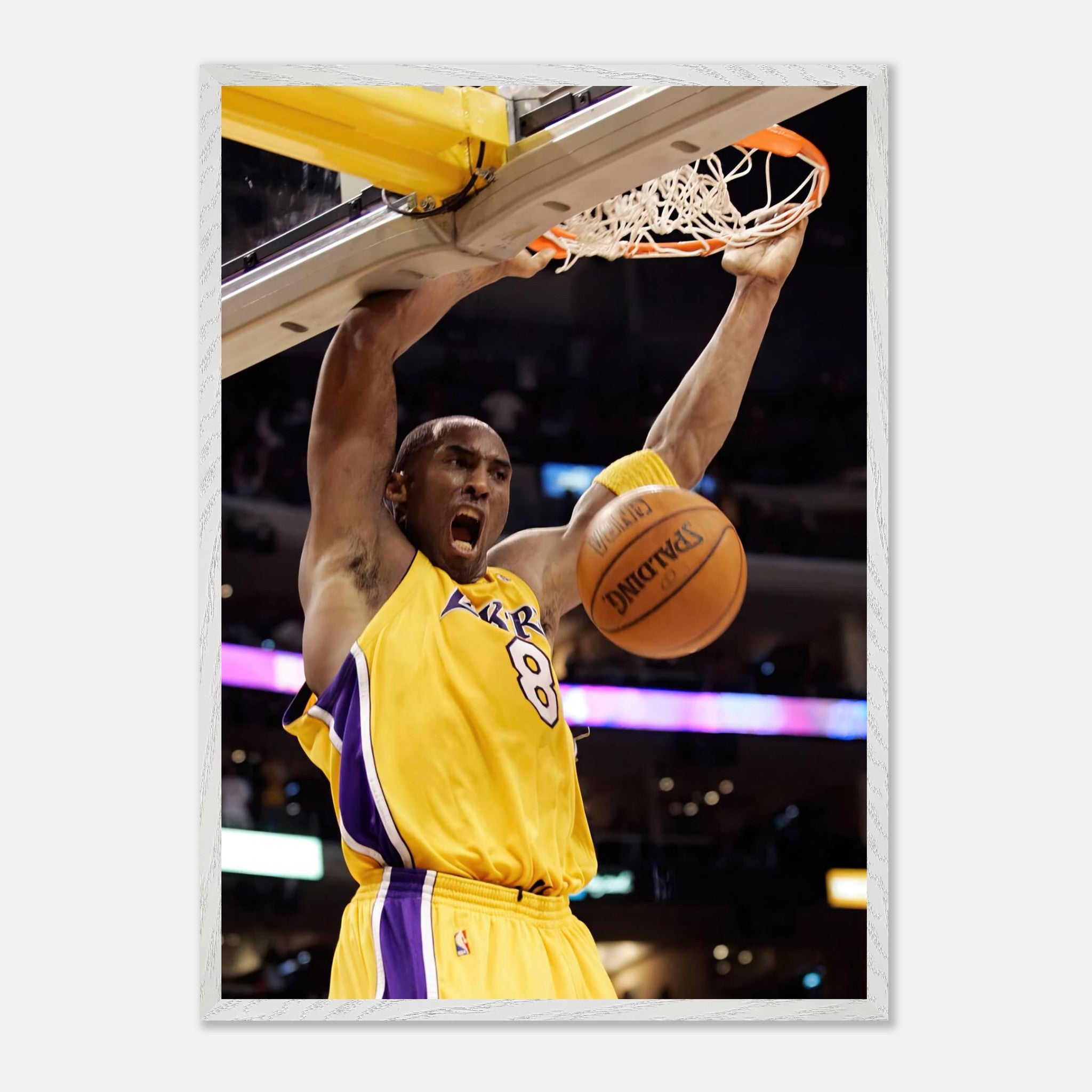 Kobe Bryant performing an iconic slam dunk in Lakers jersey, showcasing passion and athleticism in fine art print.