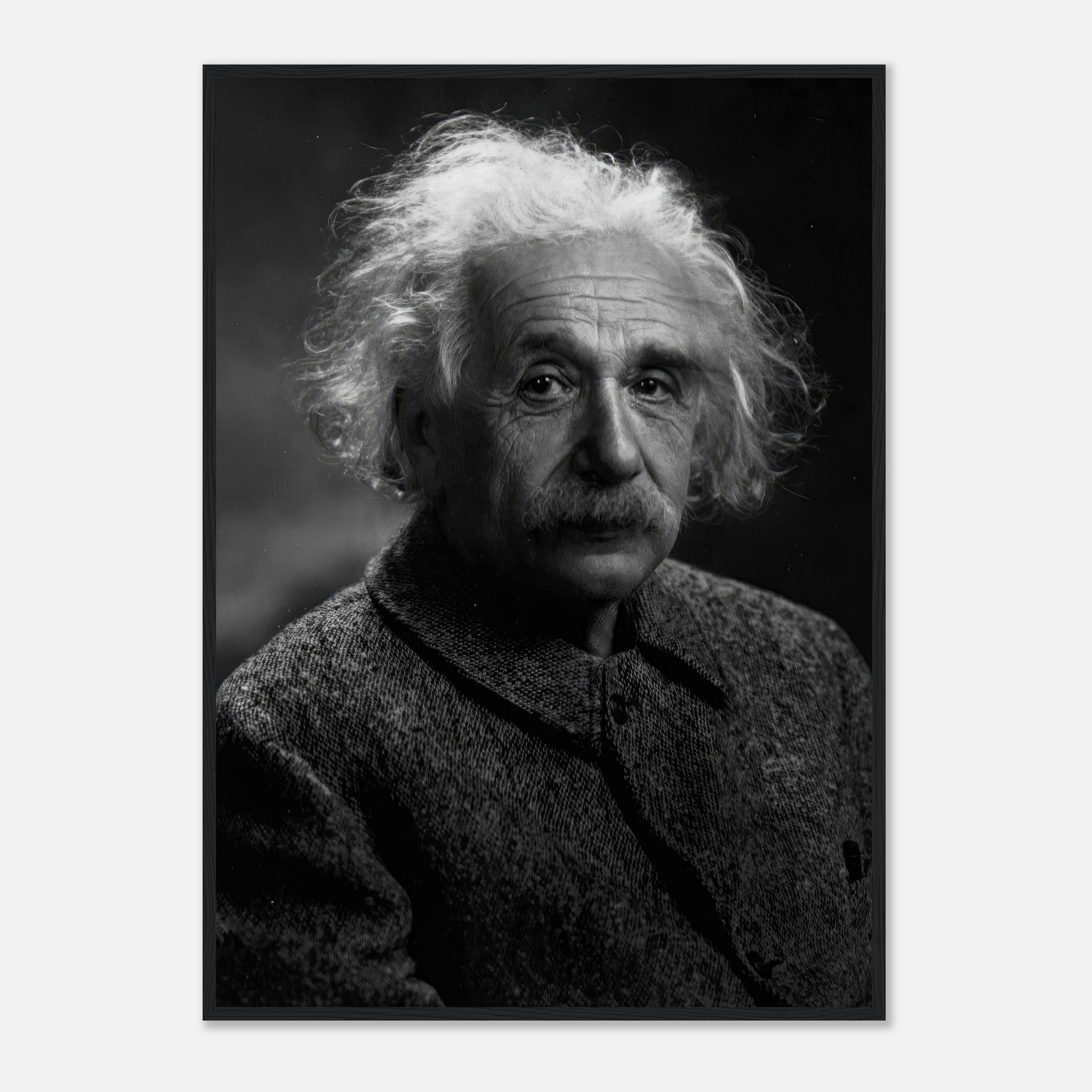 Framed print of Albert Einstein portrait, showcasing his thoughtful expression in black and white.