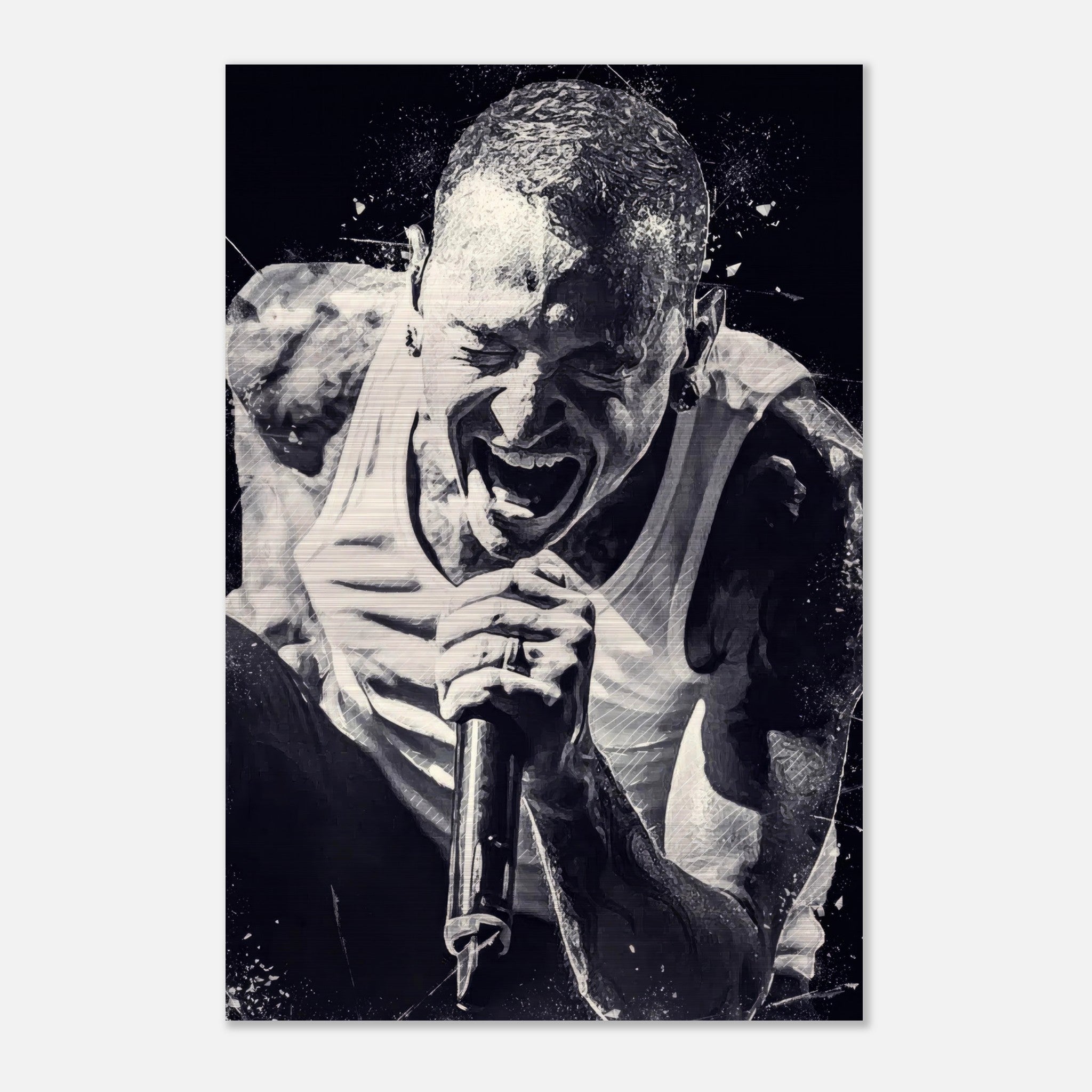 Chester Bennington brushed metal print depicting an energetic performance in black-and-white, perfect for Linkin Park fans.