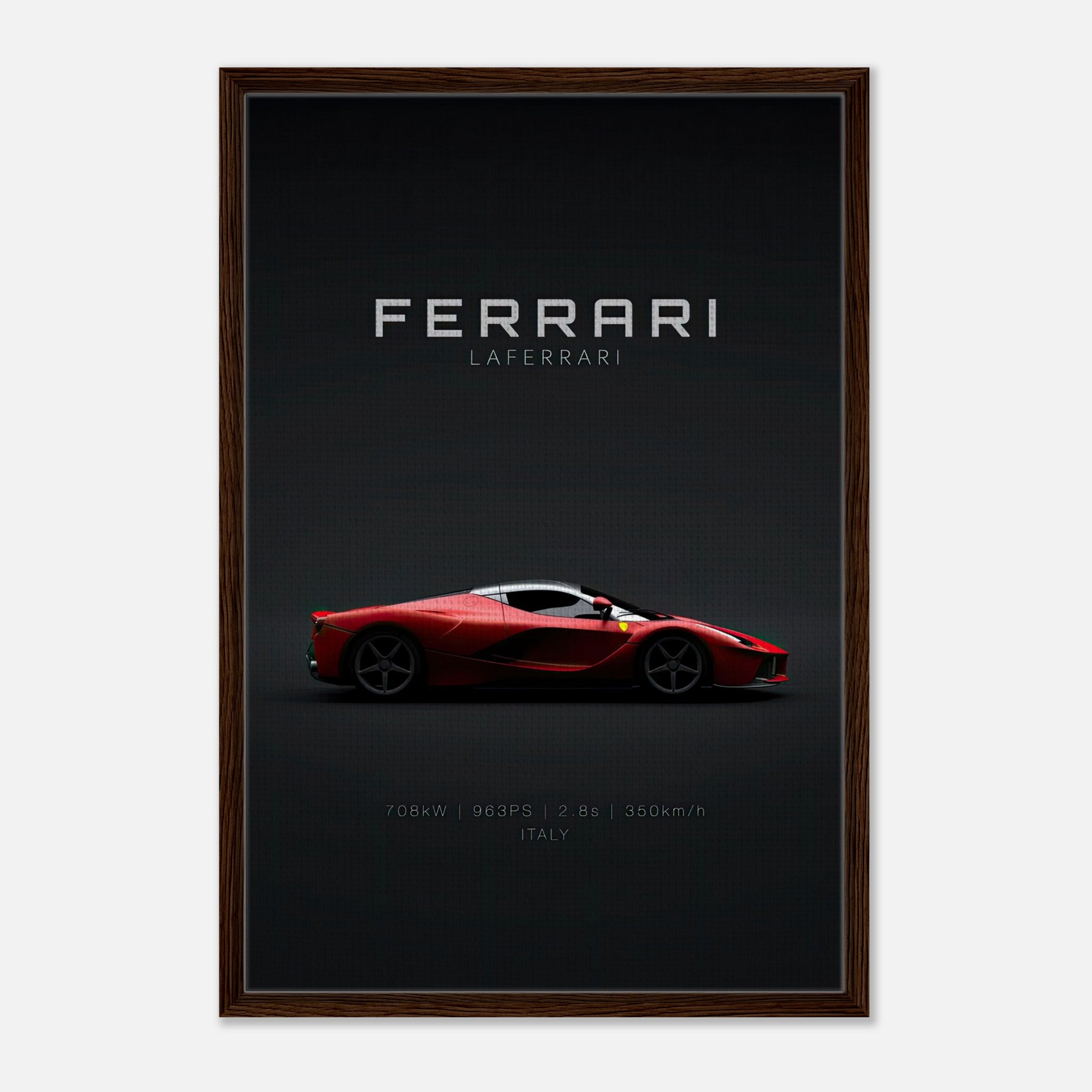 Ferrari Laferrari framed canvas artwork highlighting its sleek design and performance specifications.