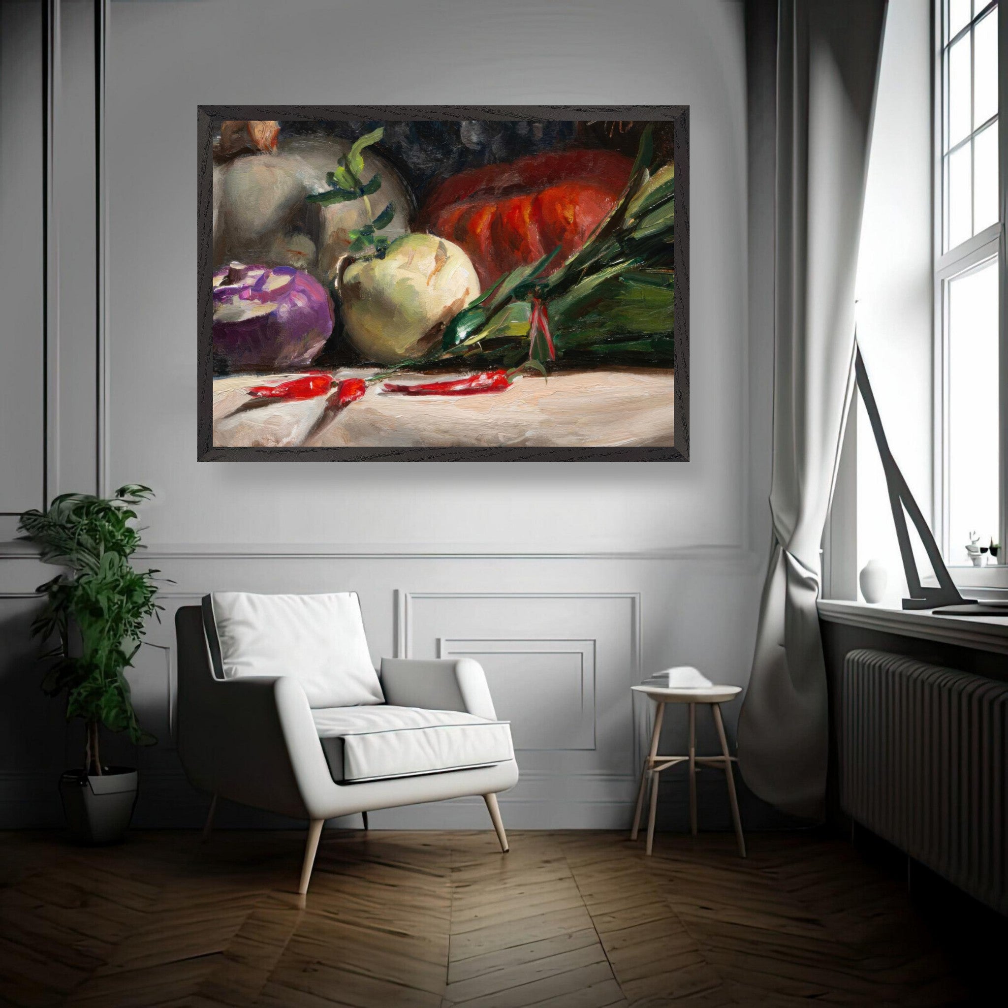 Oil painting of kohlrabi, pumpkins, and chilis in a cozy kitchen setting, showcasing vibrant colors and textures.