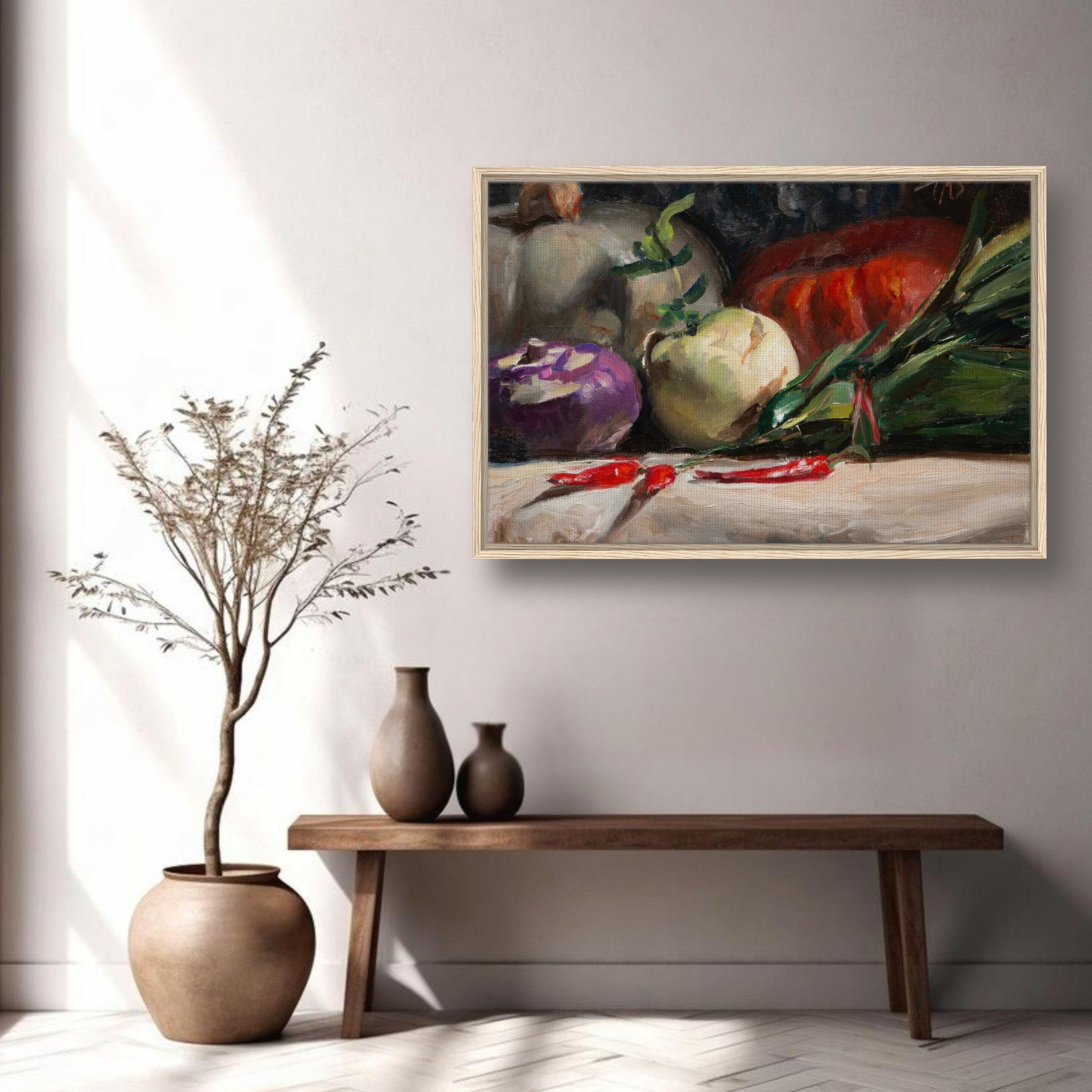 Framed canvas print of kohlrabi, pumpkins, and chilis art in a kitchen setting with stylish decor.