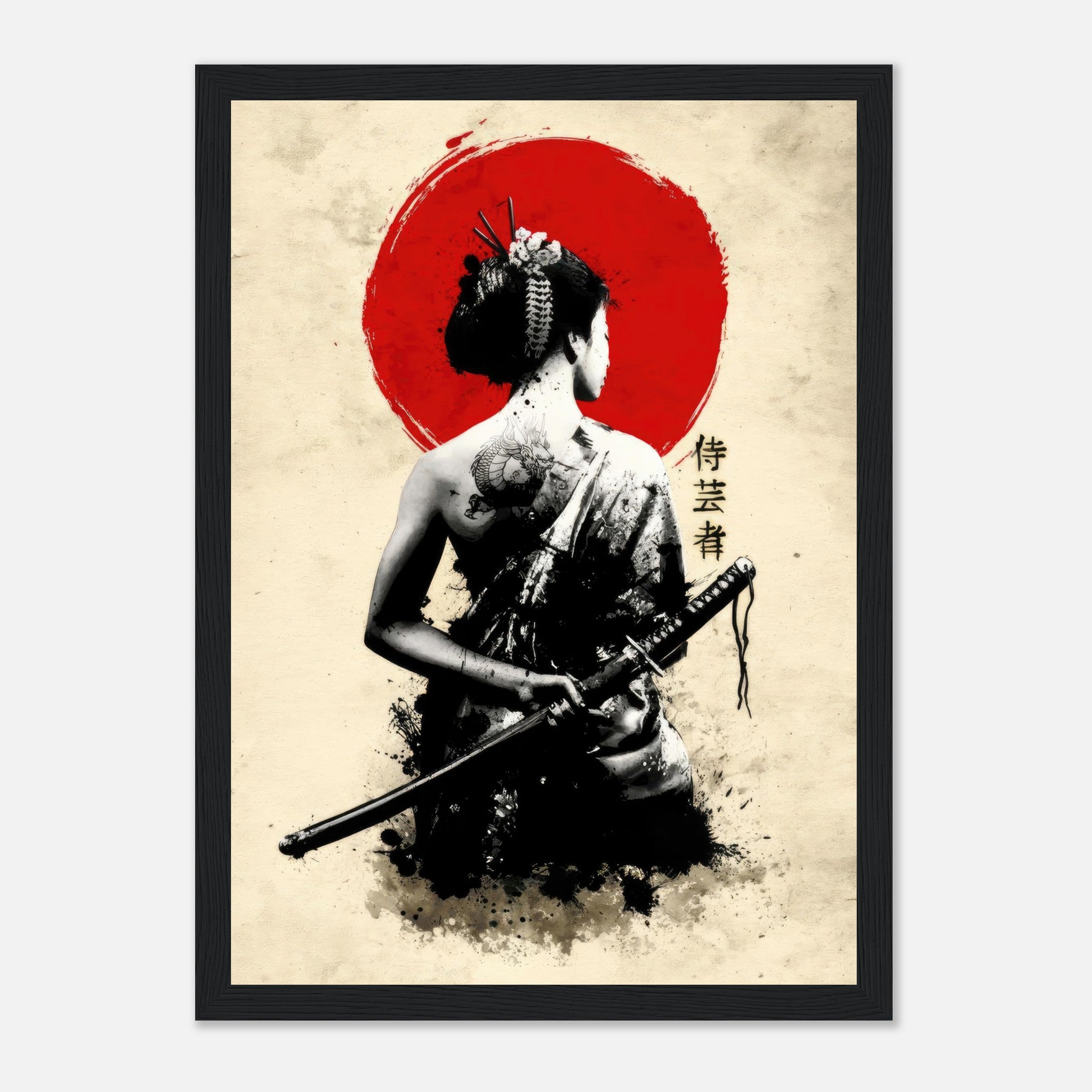 Samurai Geisha framed print showcasing a woman with a katana against a red sun background, highlighting traditional art.