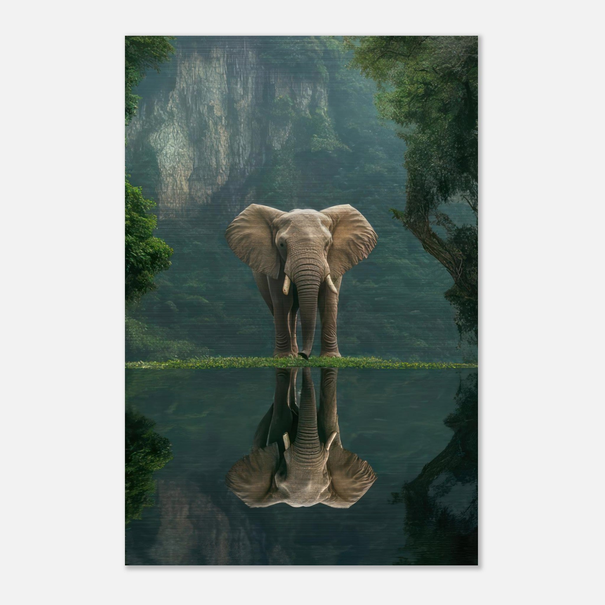 Jungle elephant portrait on brushed metal with serene reflection in water, surrounded by lush greenery.