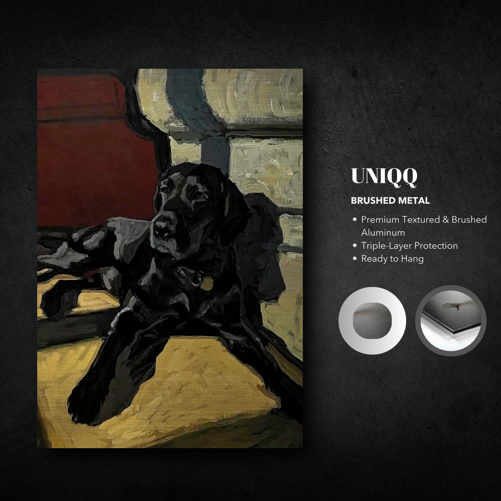 Black Labrador dog painting on brushed metal, showcasing rich textures and elegant design, perfect for home decor.