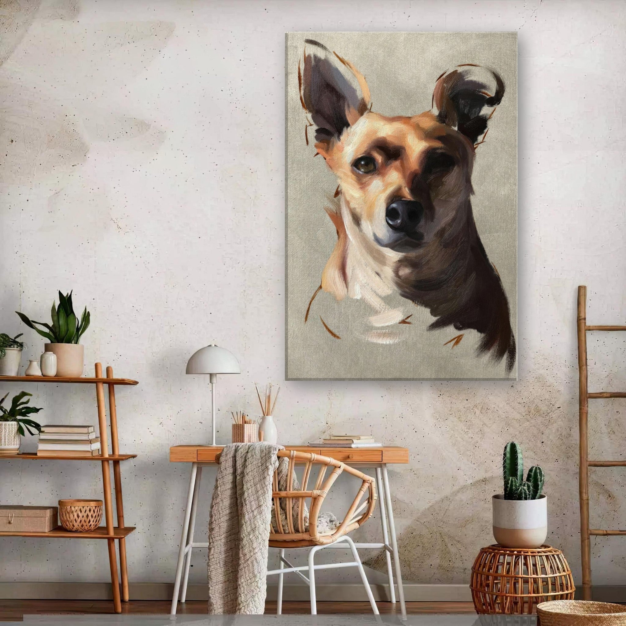 Chihuahua dog painting canvas print featuring expressive brushstrokes in a warm color palette on a stylish wall.