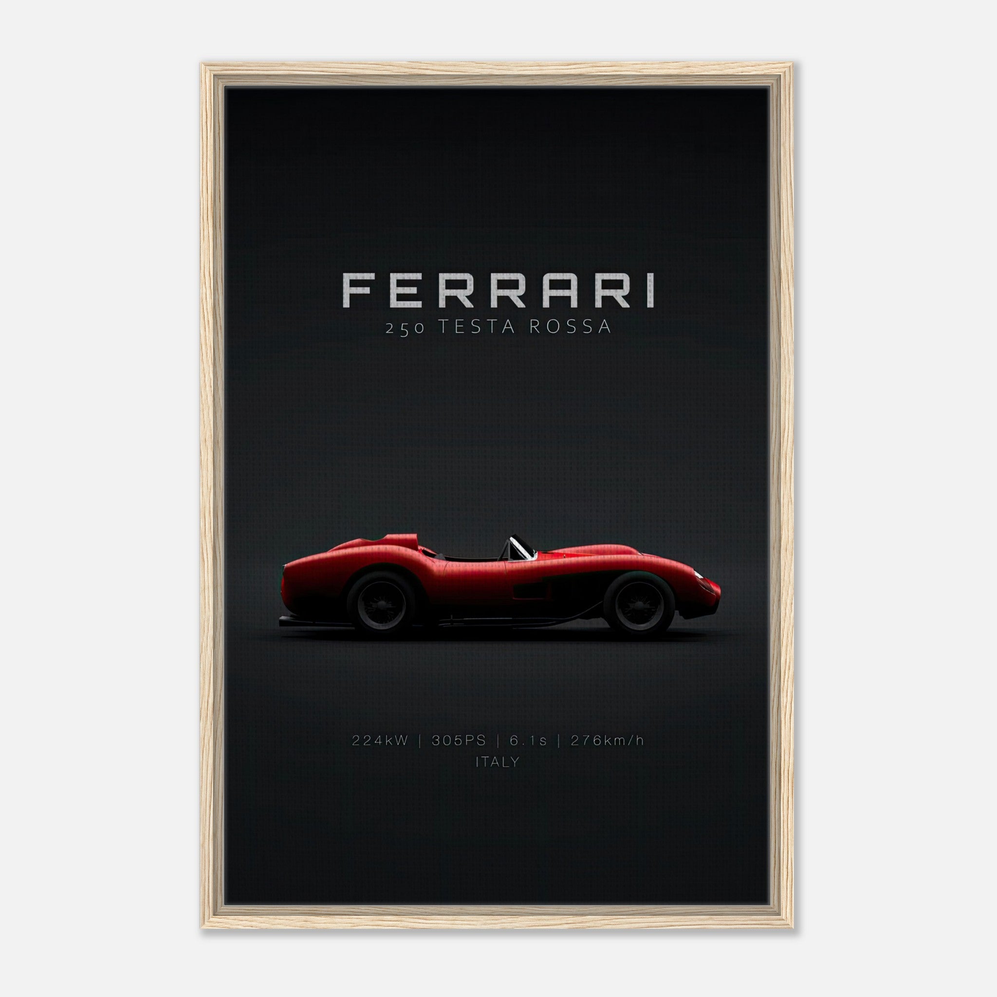 Ferrari 250 Testa Rossa framed canvas print featuring a red race car silhouette on a black background.