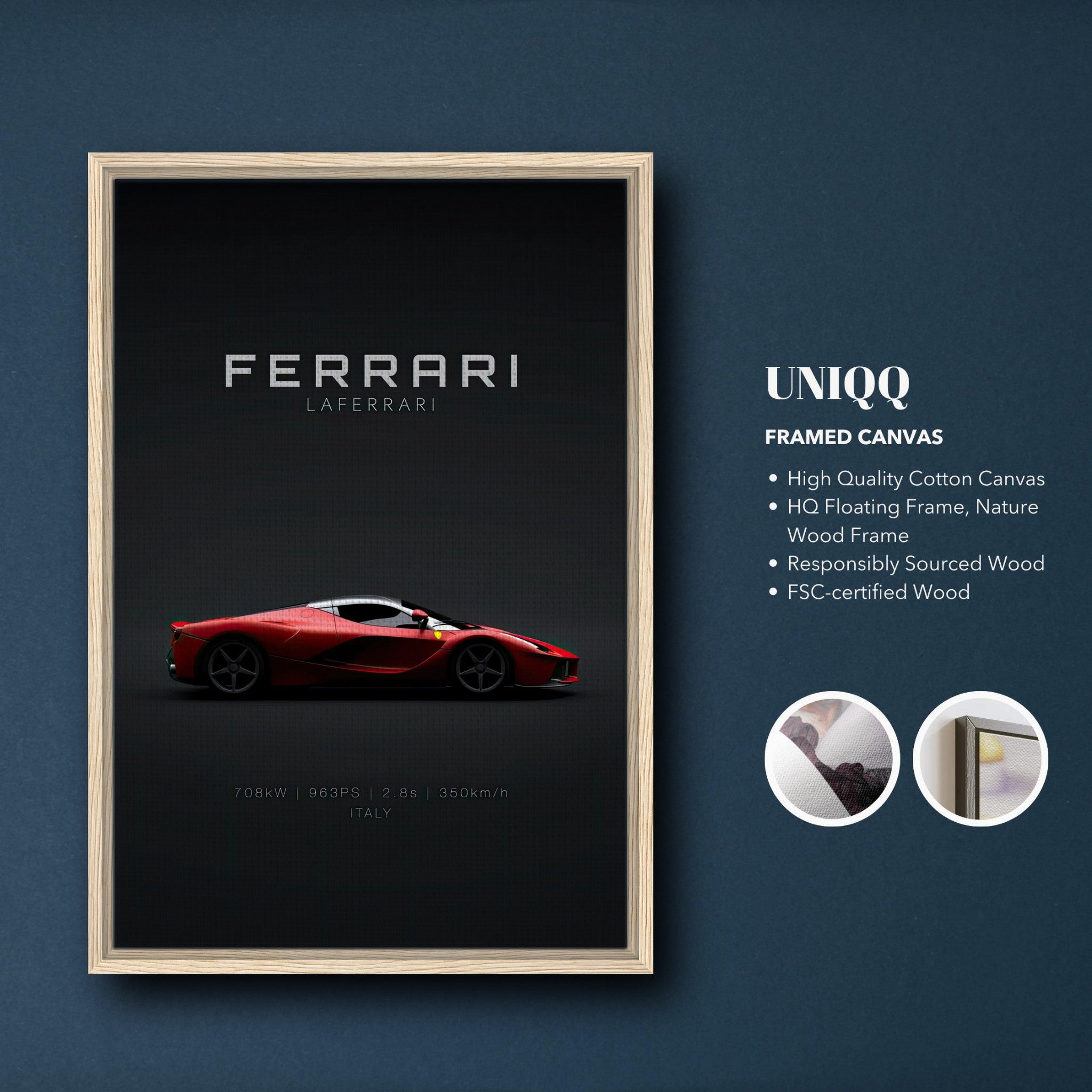 Ferrari Laferrari framed canvas art showcasing sleek red supercar design on minimalist black backdrop.