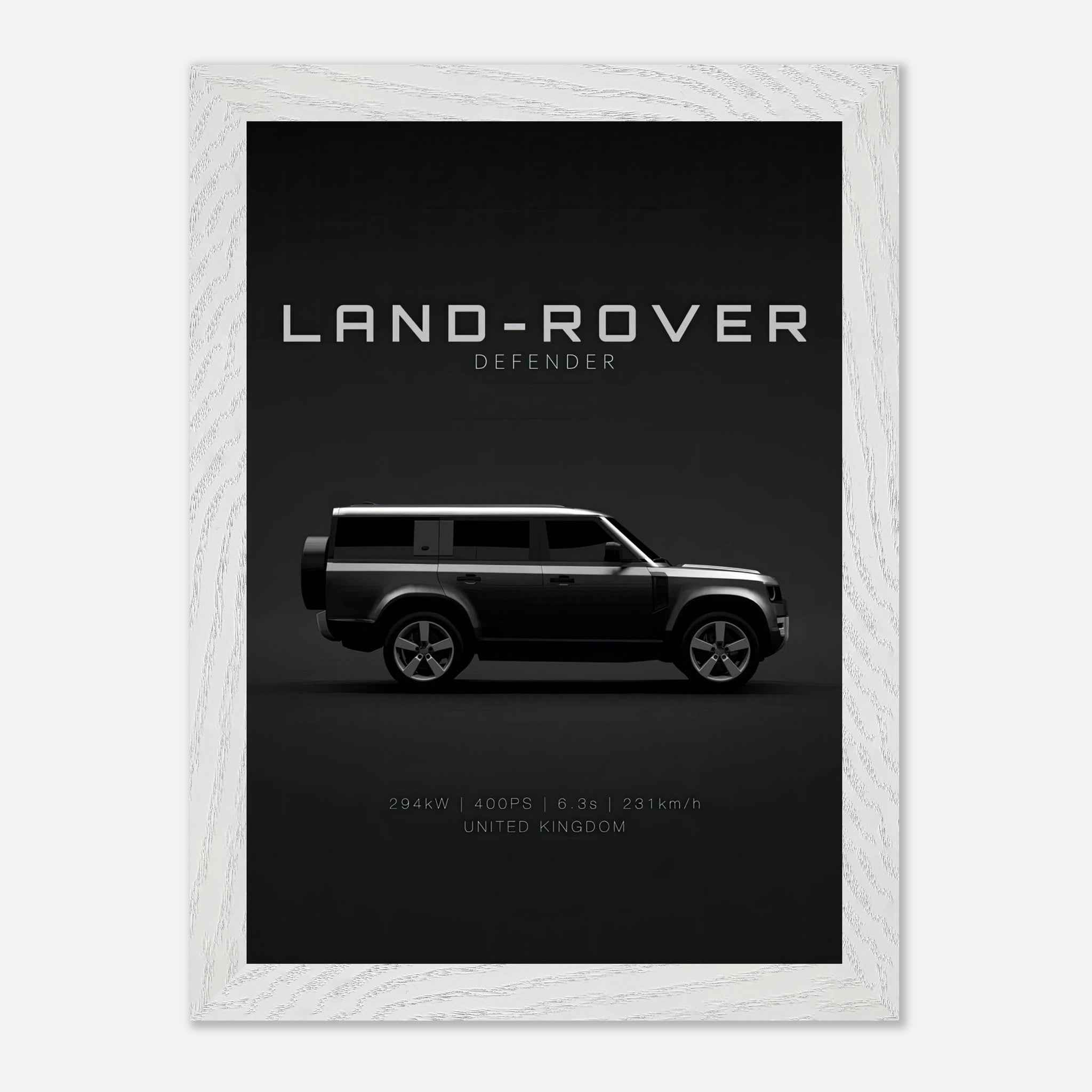 Land Rover Defender vintage framed art showcasing sleek silhouette on black background, perfect for enthusiasts and collectors.