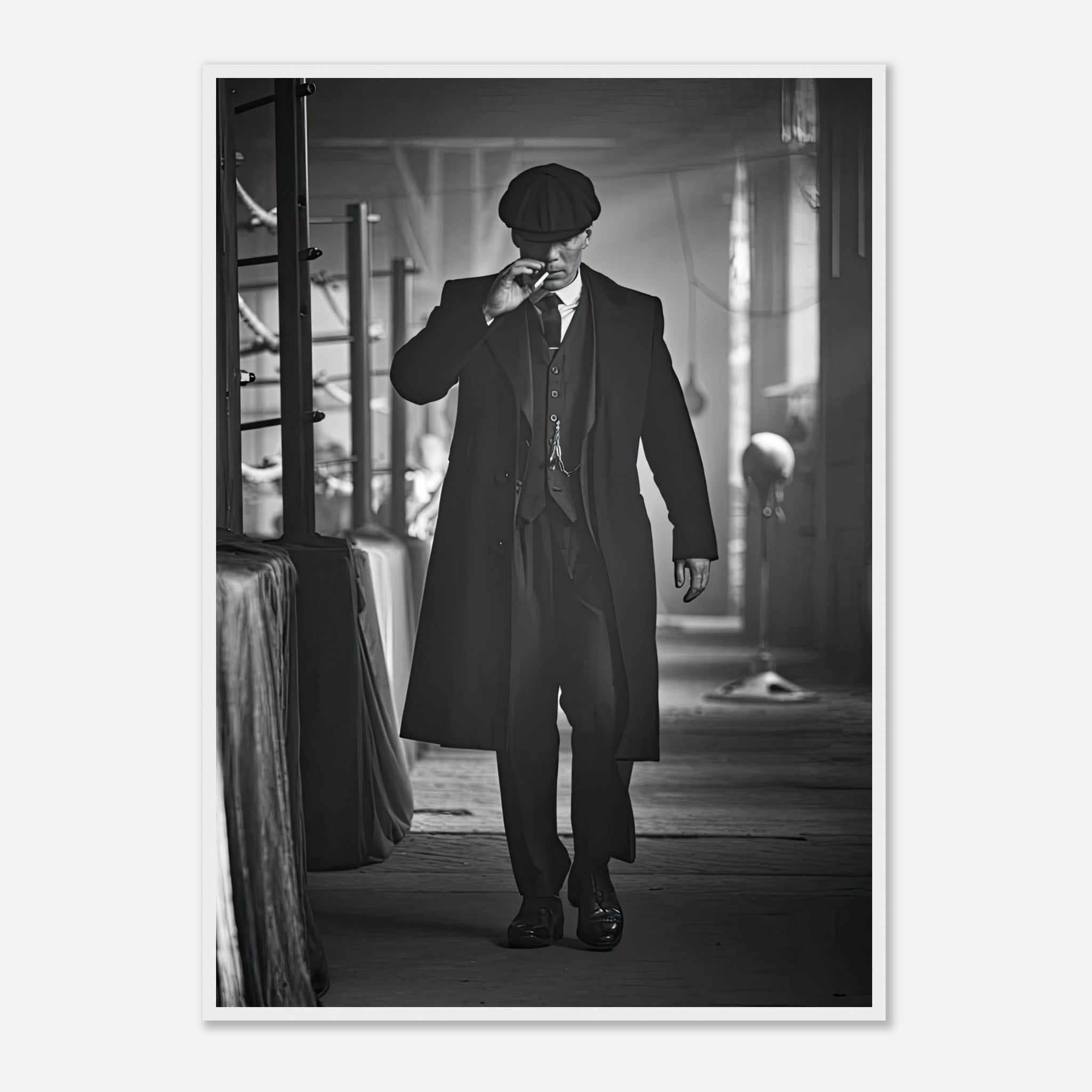 Tommy Shelby framed print from Peaky Blinders, showcasing 1920s style in black-and-white artwork.