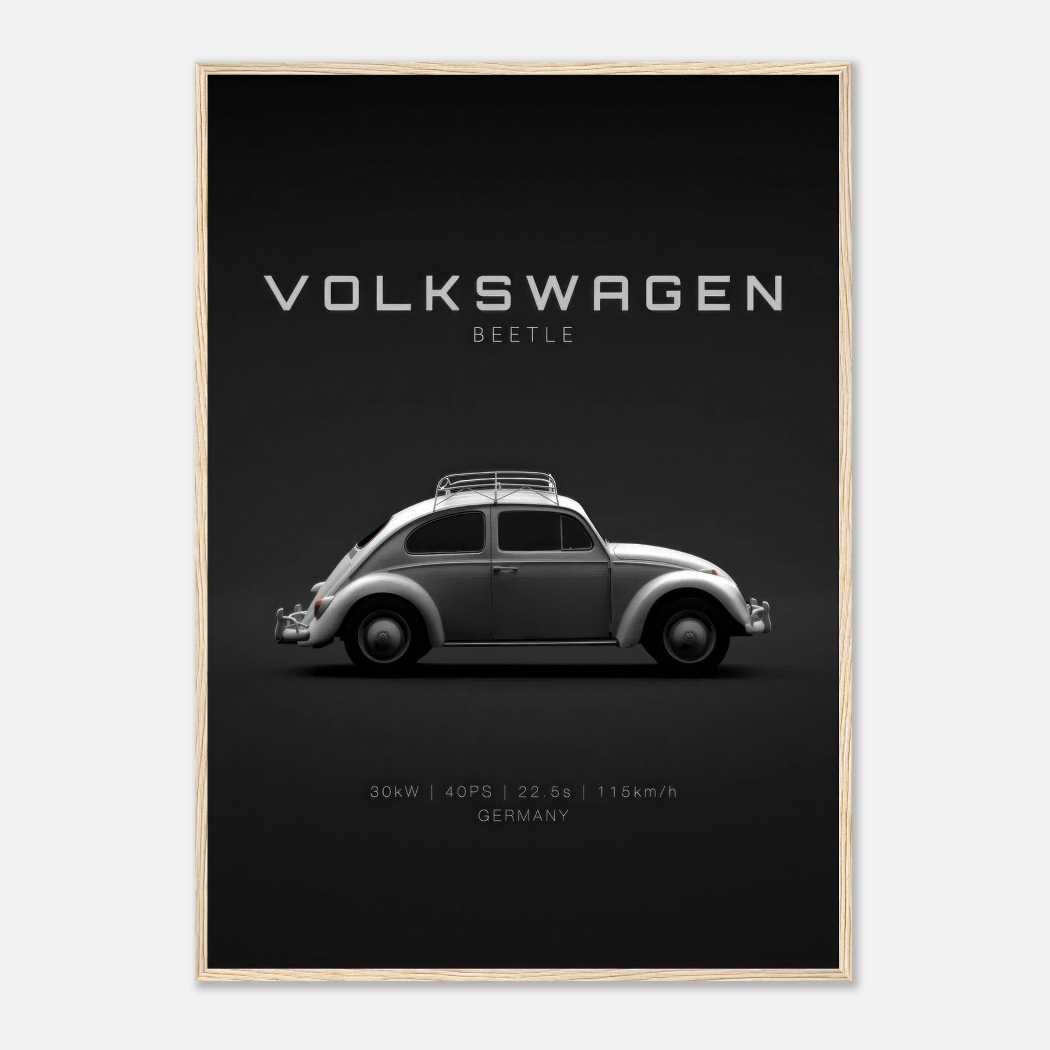 Framed poster of a Volkswagen Beetle showcasing its sleek profile against a minimalist black background.