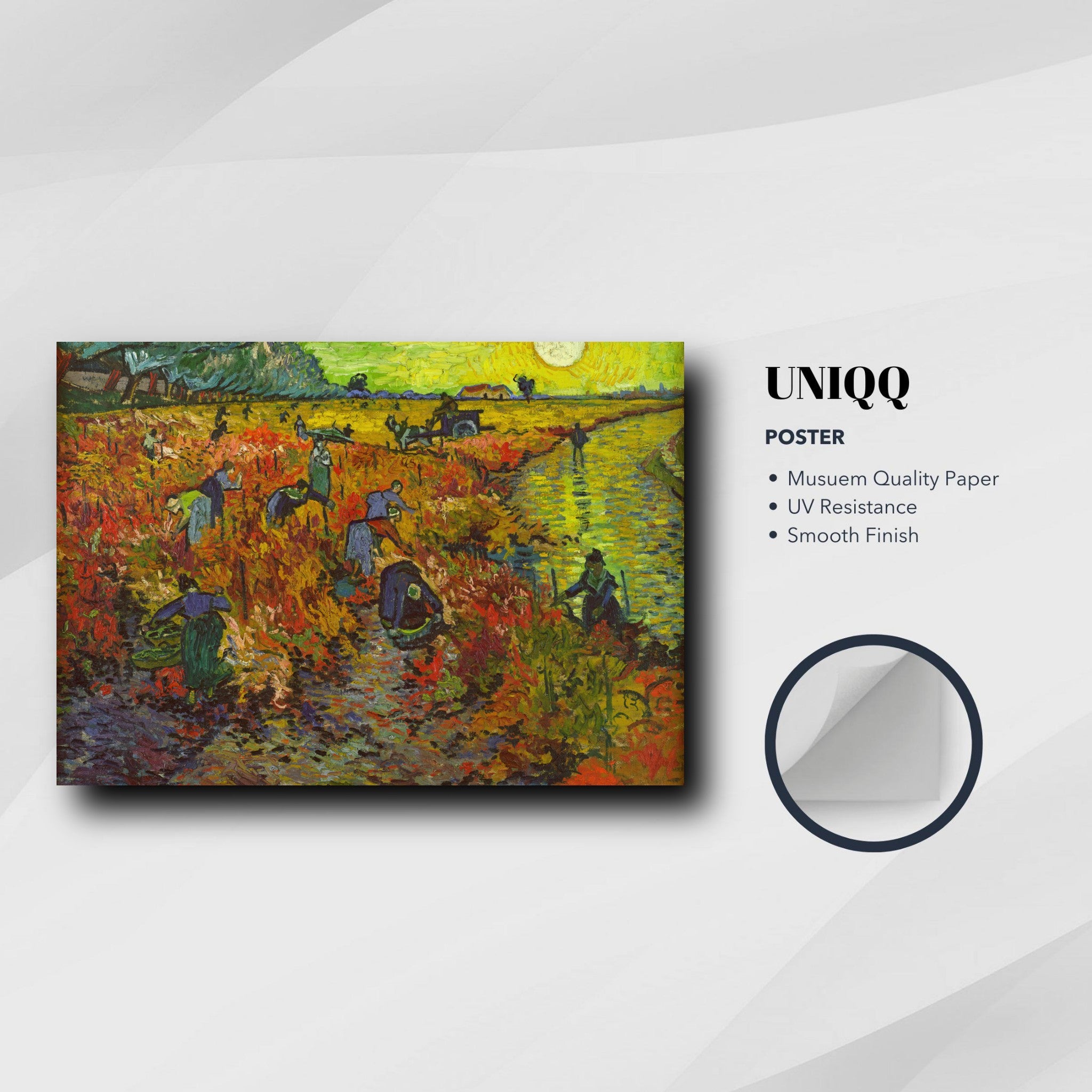 The Red Vineyard by Van Gogh poster showcasing vibrant colors and a serene vineyard scene on museum quality paper.